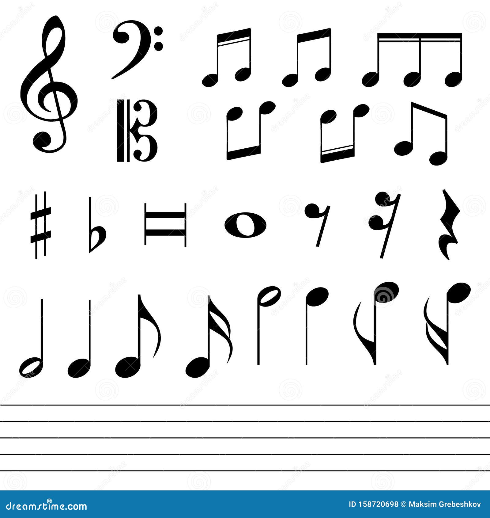 Conjunto De Varias Notas Musicales Negras Stock de ilustración