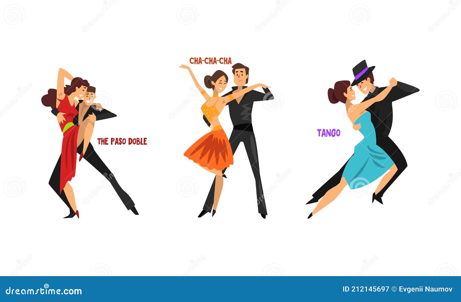 Conjunto De Varios Estilos De Baile Profesional Parejas Bailando Chachacha  Paso Doble Tango Vector De Dibujos Animados Ilustración del Vector -  Ilustración de mujer, elegante: 212145697