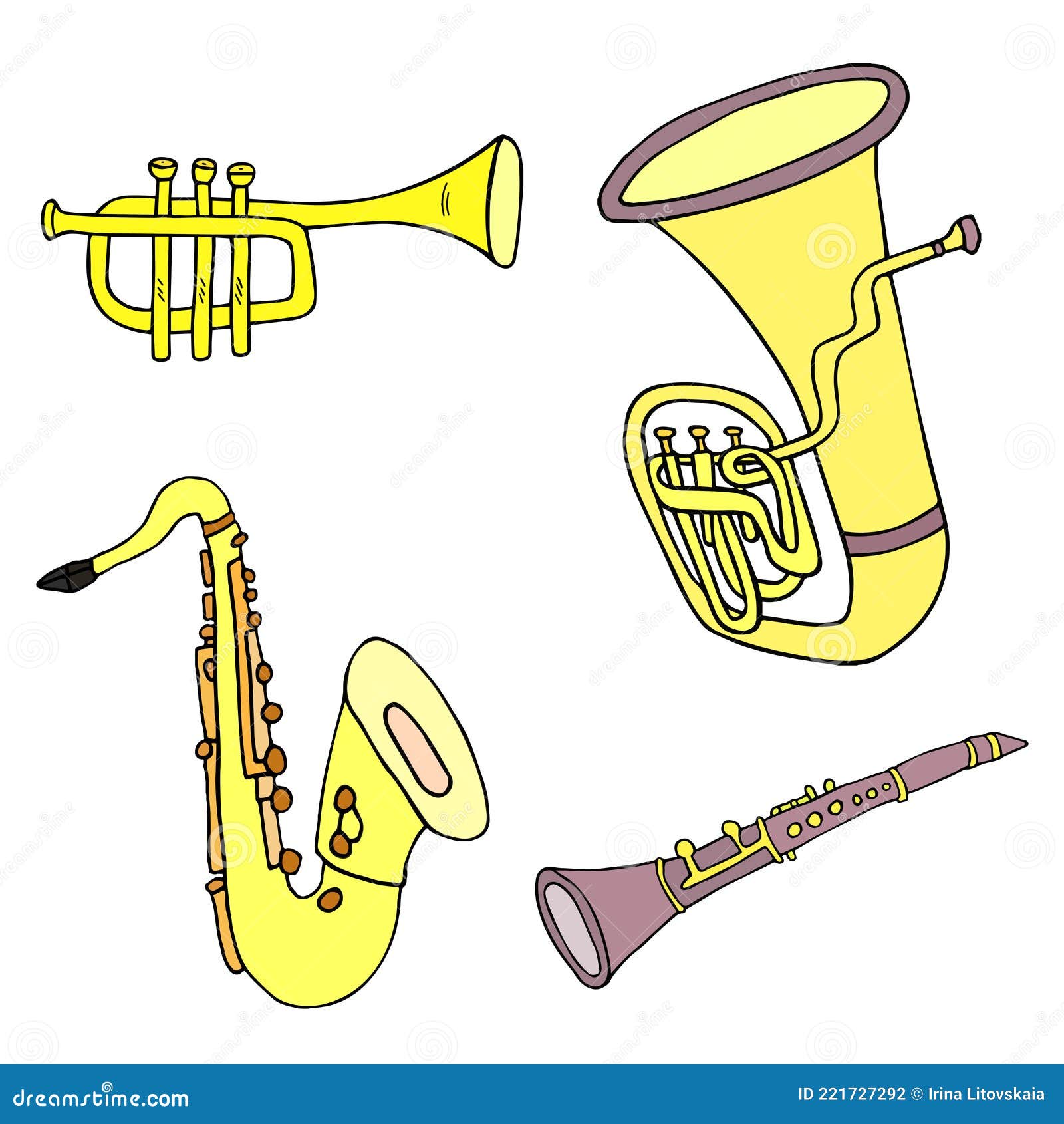 Conjunto De Vectores De Instrumentos De Viento. Boquilla De Tubo De  Trompeta De Clarinete Saxofón Boceto Clip Dibujado a Mano. Ilustración del  Vector - Ilustración de azul, jazz: 221727292