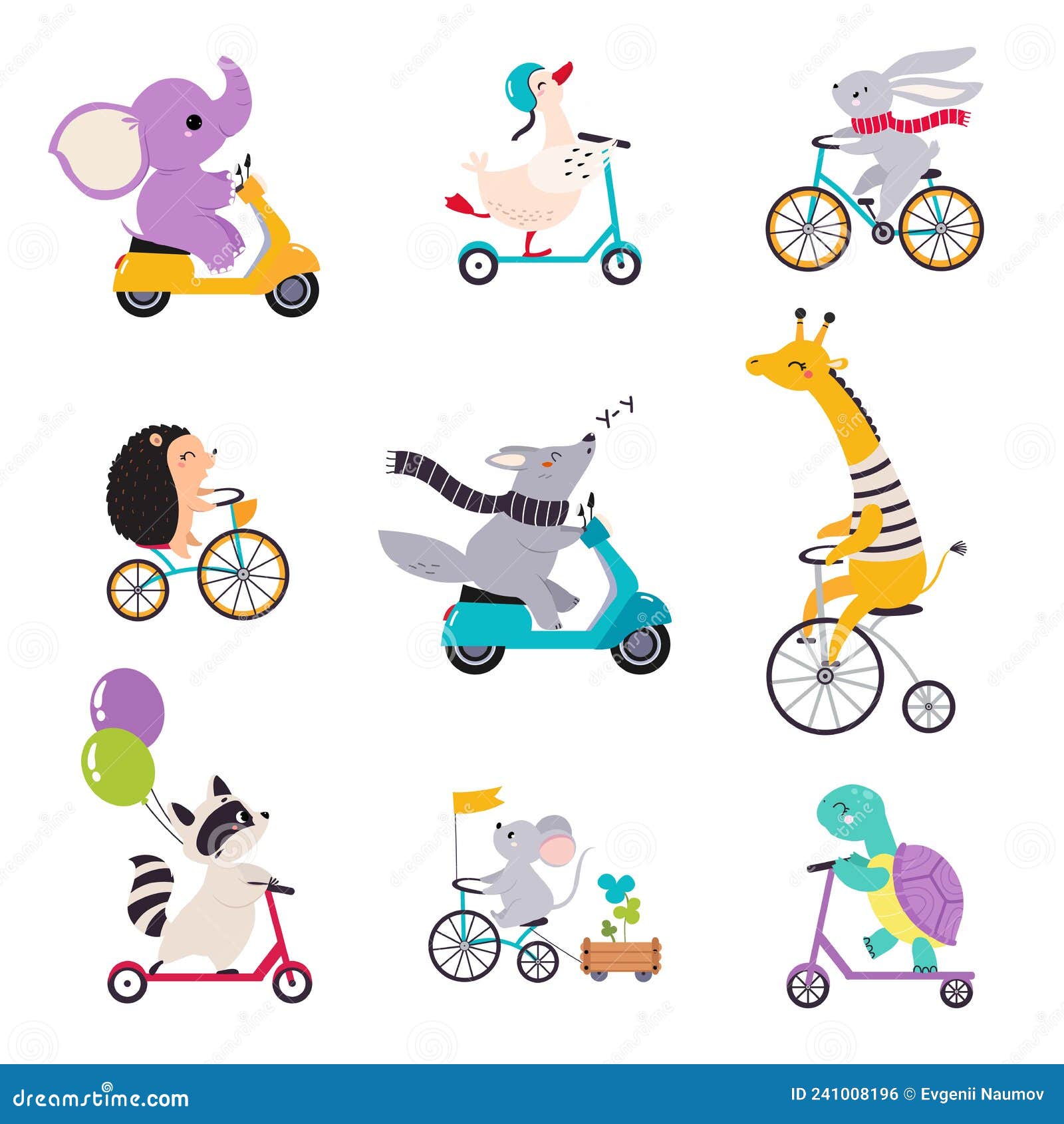 Conjunto de vetores de bicicleta, scooter e motos dos desenhos animados