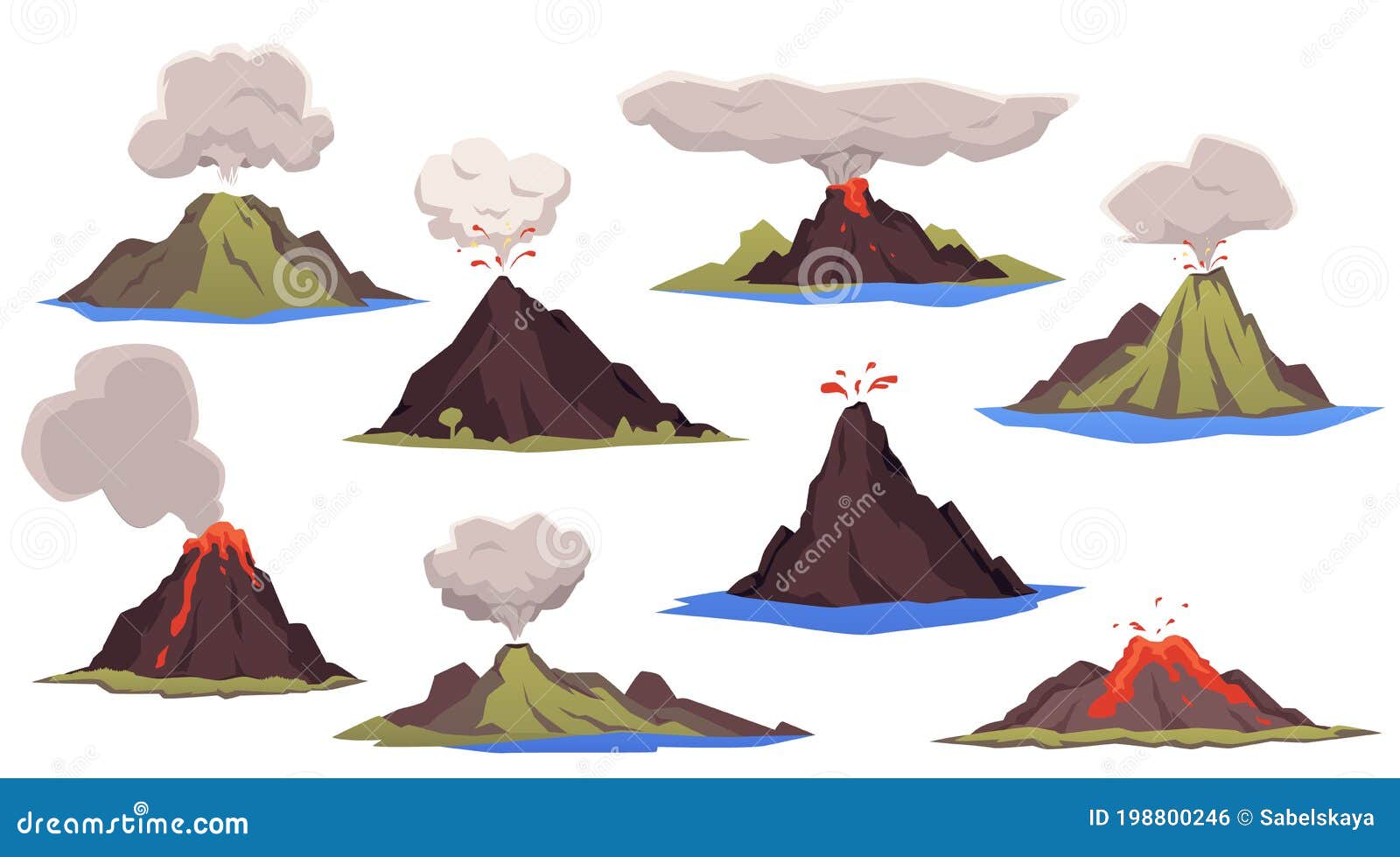 Conjunto De Volcanes En Erupción Con Nubes De Humo De Lava Y Cenizas  Ilustraciones Vectoriales Ilustración del Vector - Ilustración de abajo,  actividad: 198800246