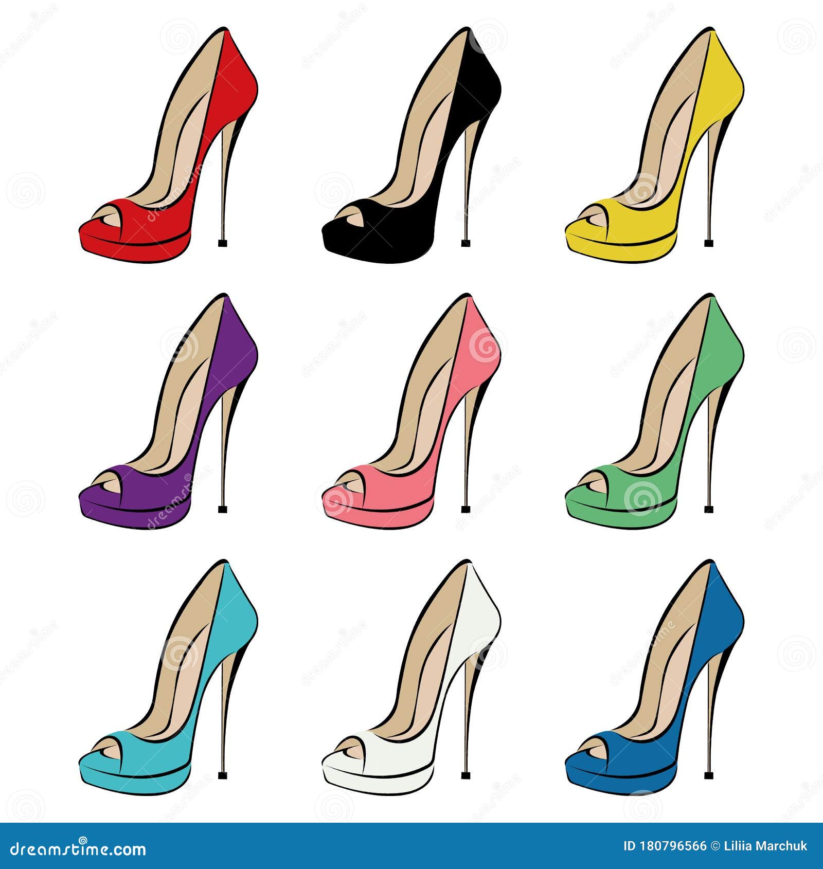 Conjunto De Zapatos Moda Mujeres Con Tacones Muy Altos Colores Diferentes. Zapatos Con Un Pie Abierto. Diseño Adecuado Foto editorial - Ilustración de alto, calzado: 180796566