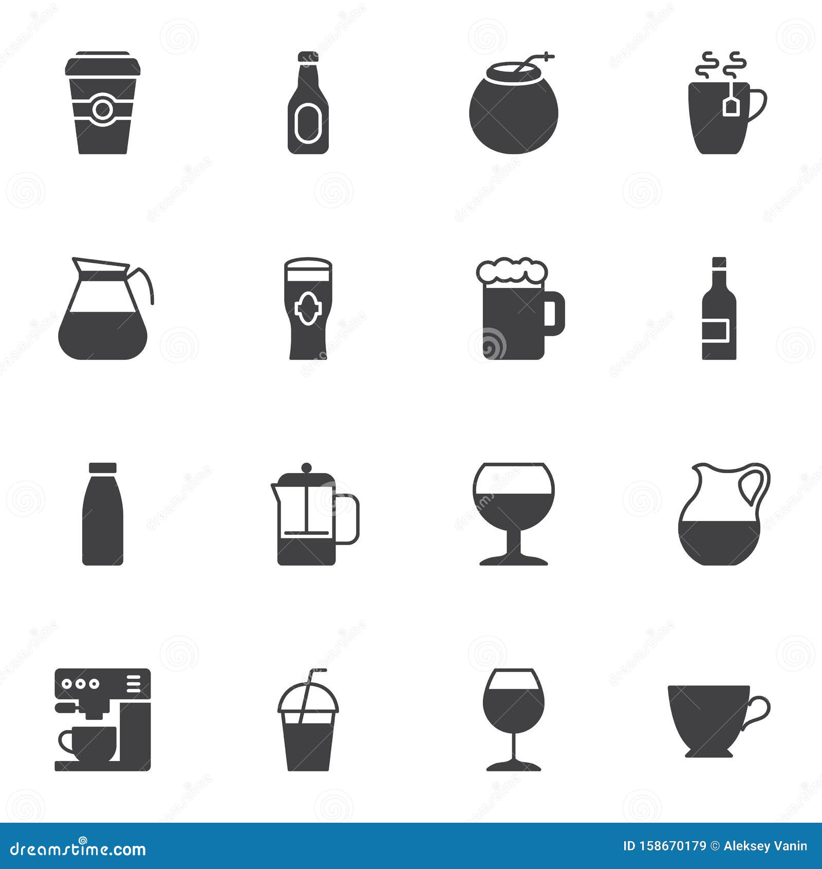 Conjunto de ícones do vetor de bebidas. Conjunto de ícones vetoriais para bebidas de barras, coleção de símbolos sólidos modernos, conjunto de pictogramas com estilo recheado Sinais, ilustração do logotipo O conjunto inclui ícones como café, garrafa de cerveja, suco de vidro, bebida alcoólica, leite-shake