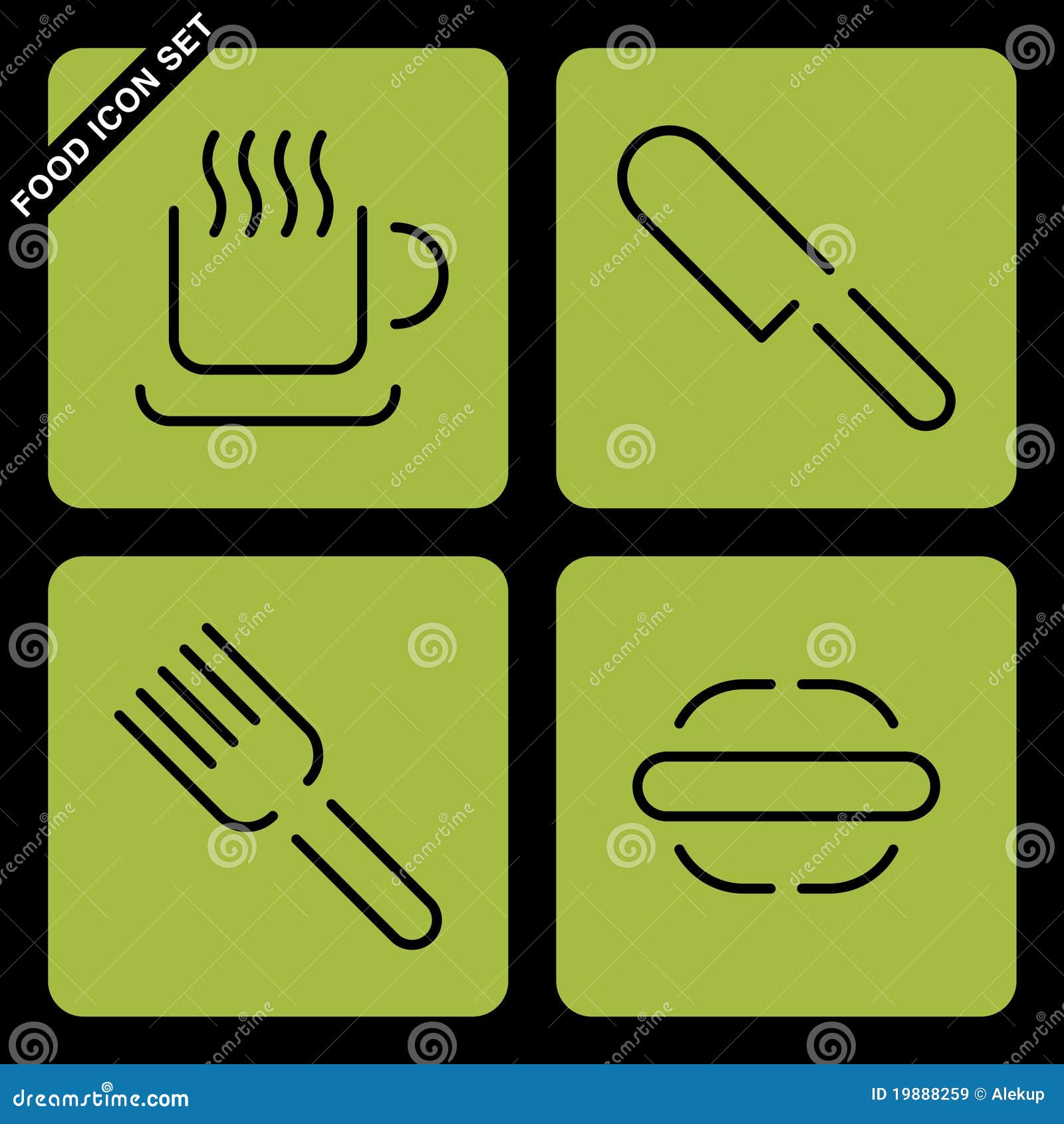 Conjunto del icono del alimento. Conjunto de iconos del alimento en fondo negro