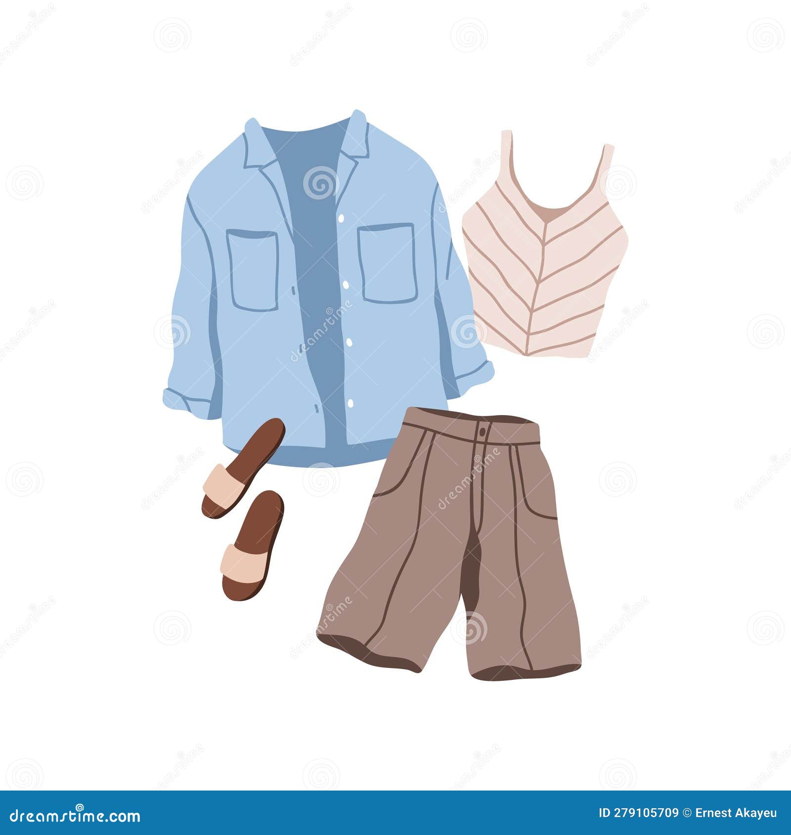 Conjunto Moderno De Ropa De Verano. Ropa De Mujer Vestimenta Elegante  Casual. Aspecto Completo Con Sandalias De Pantalones Cortos Ilustración del  Vector - Ilustración de mirada, equipo: 279105709