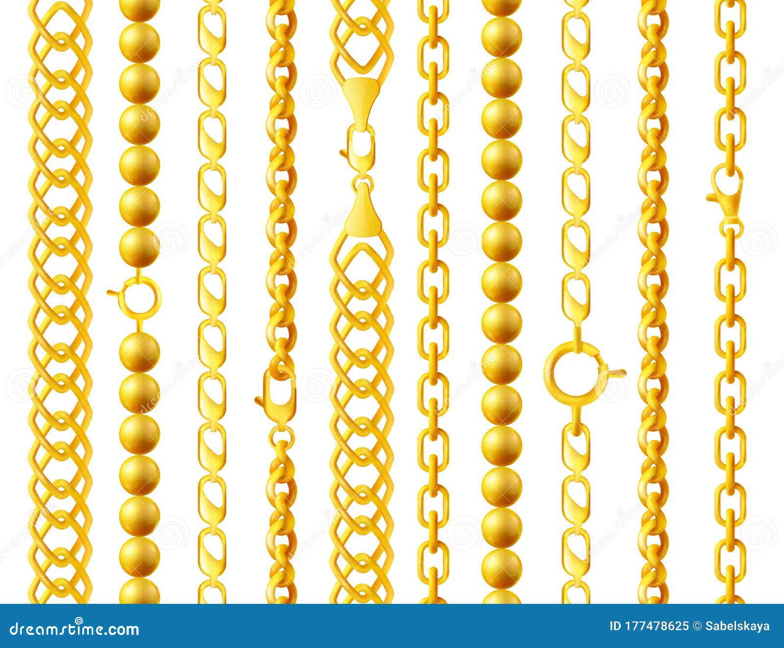 Conjunto de cadenas de oro de diferentes formas, tejidos, tamaños.  ilustración vectorial