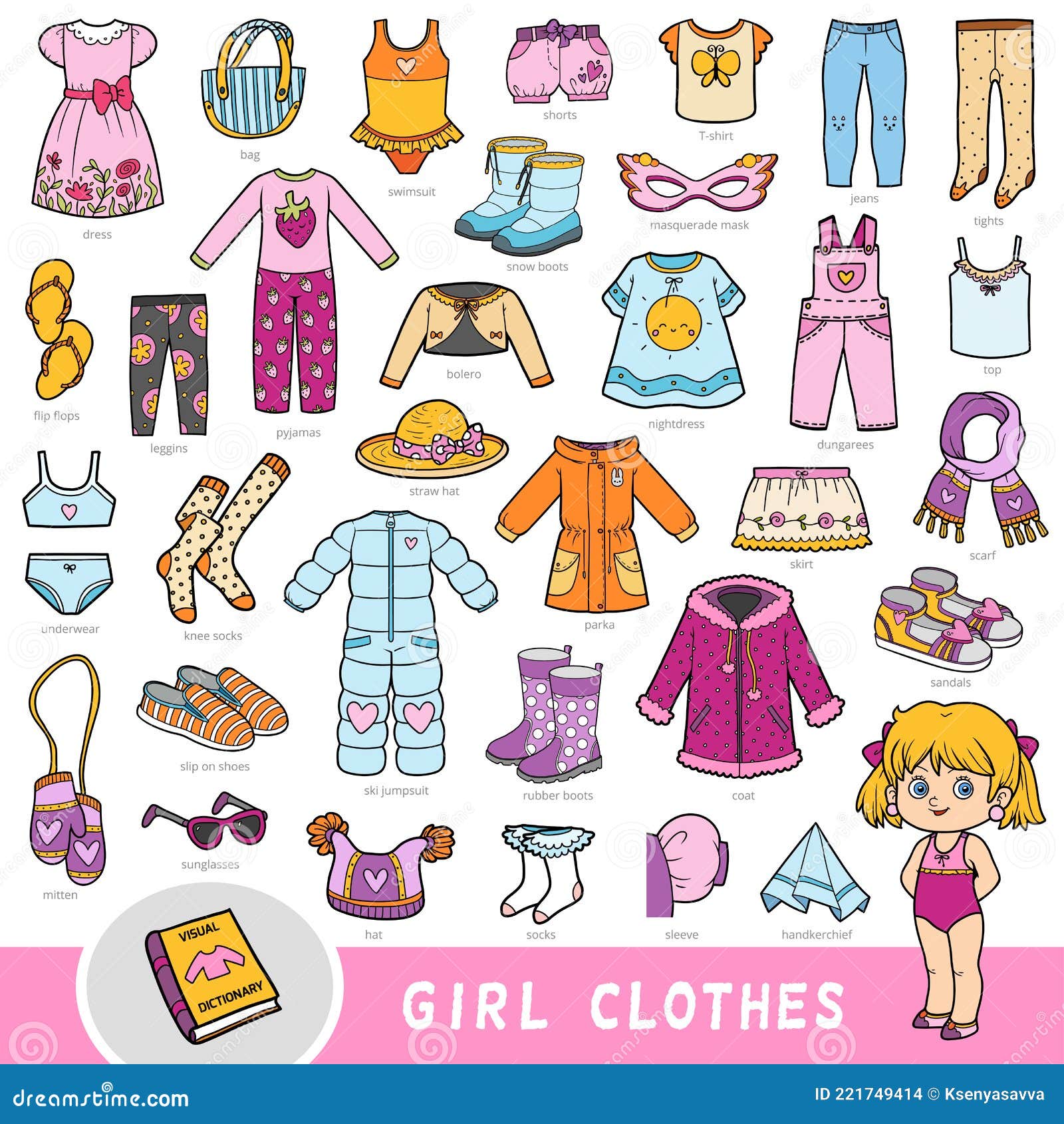 conjunto de roupas de menina desenhada à mão nas cores rosa