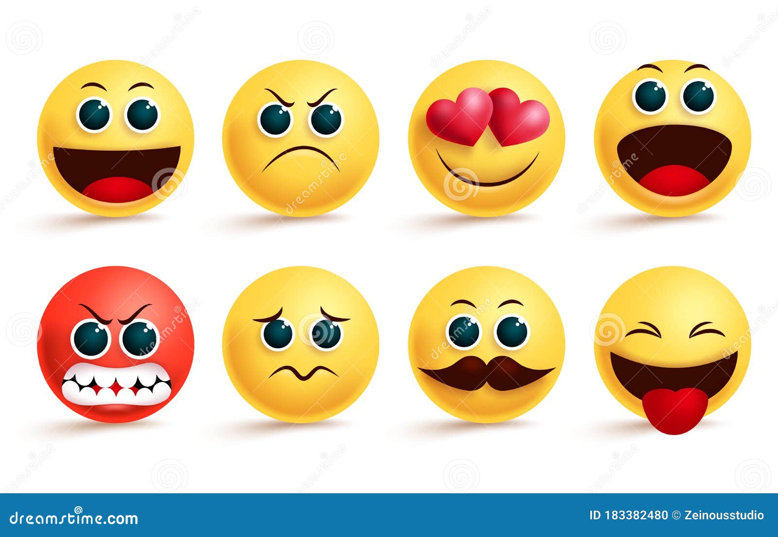 Conjunto de ícones de emoji rostos símbolos de humor emoticon fofos  sorrindo feliz, alegre, triste e com raiva