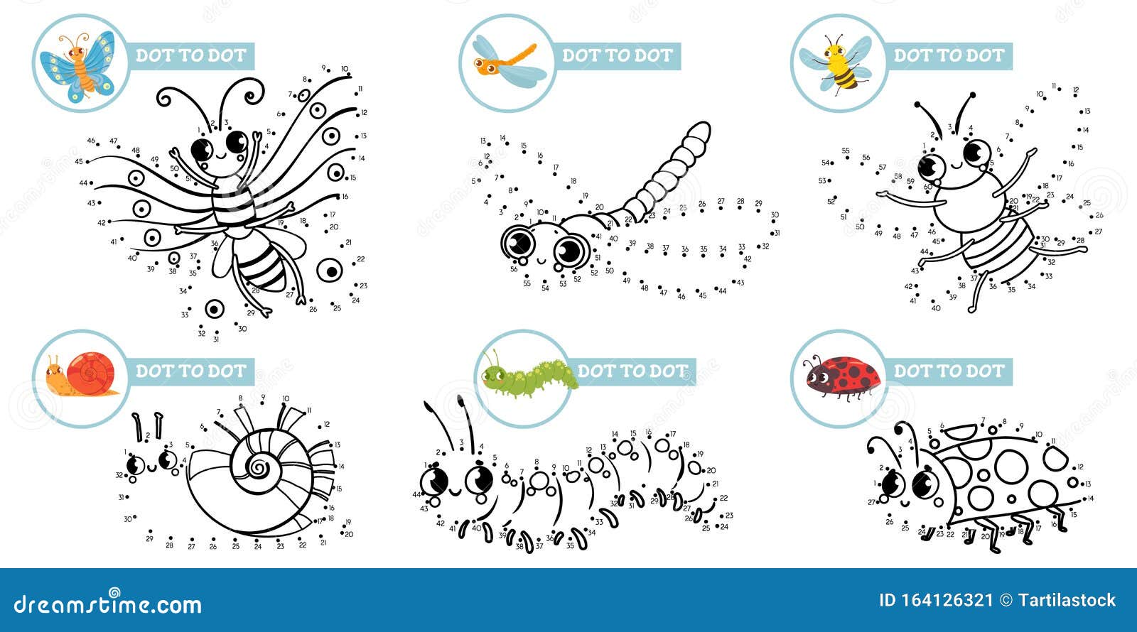 connect dots cartoon insects game. cute insect dot to dot education games for toddlers, play with preschool kids 