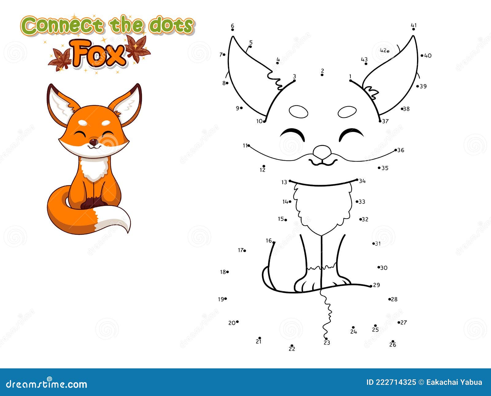 Connect The Dots and Draw Cute Cartoon Fox. Educational Game for Kids