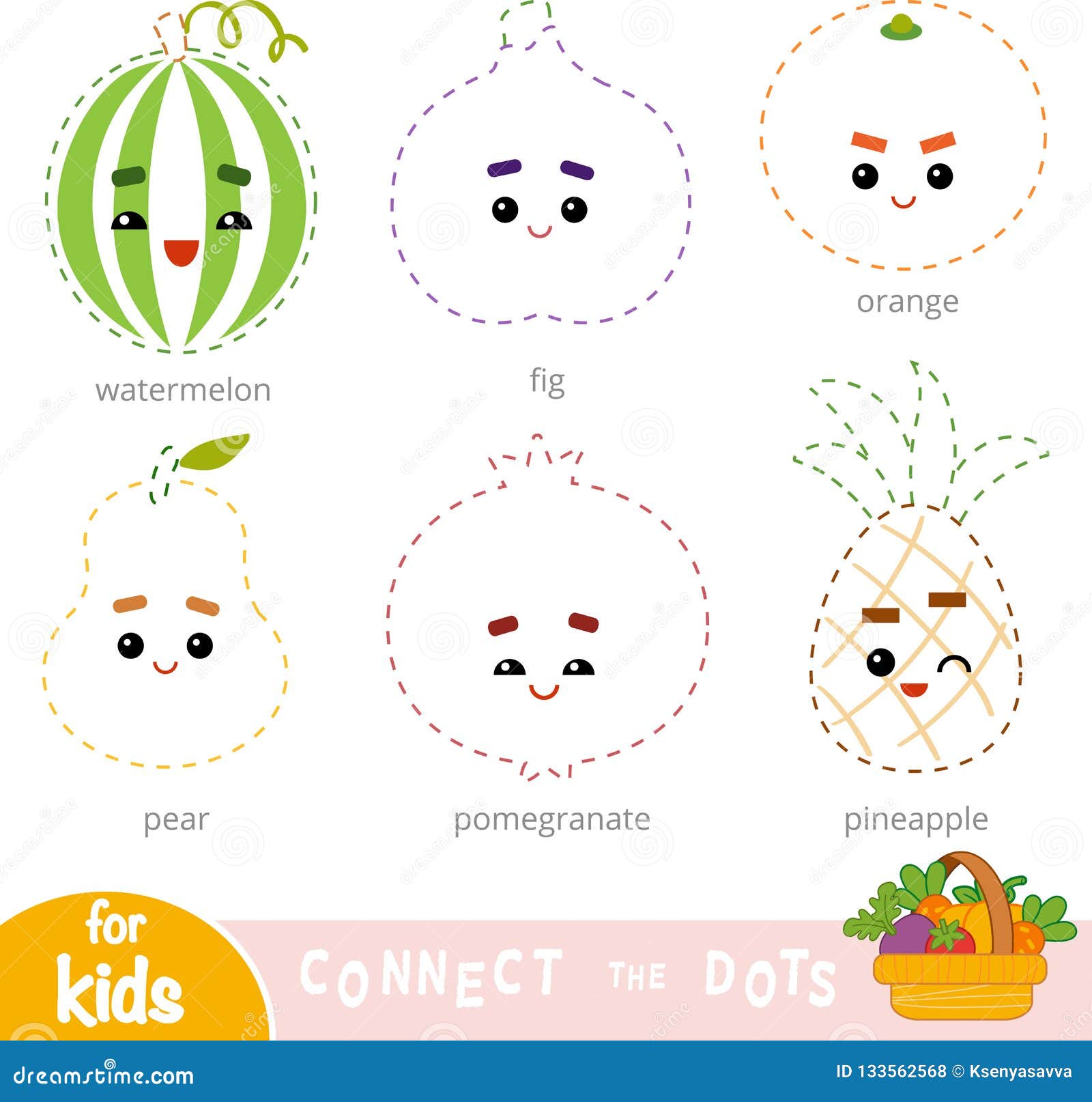 connect the dots, game for children. set of cartoon fruits