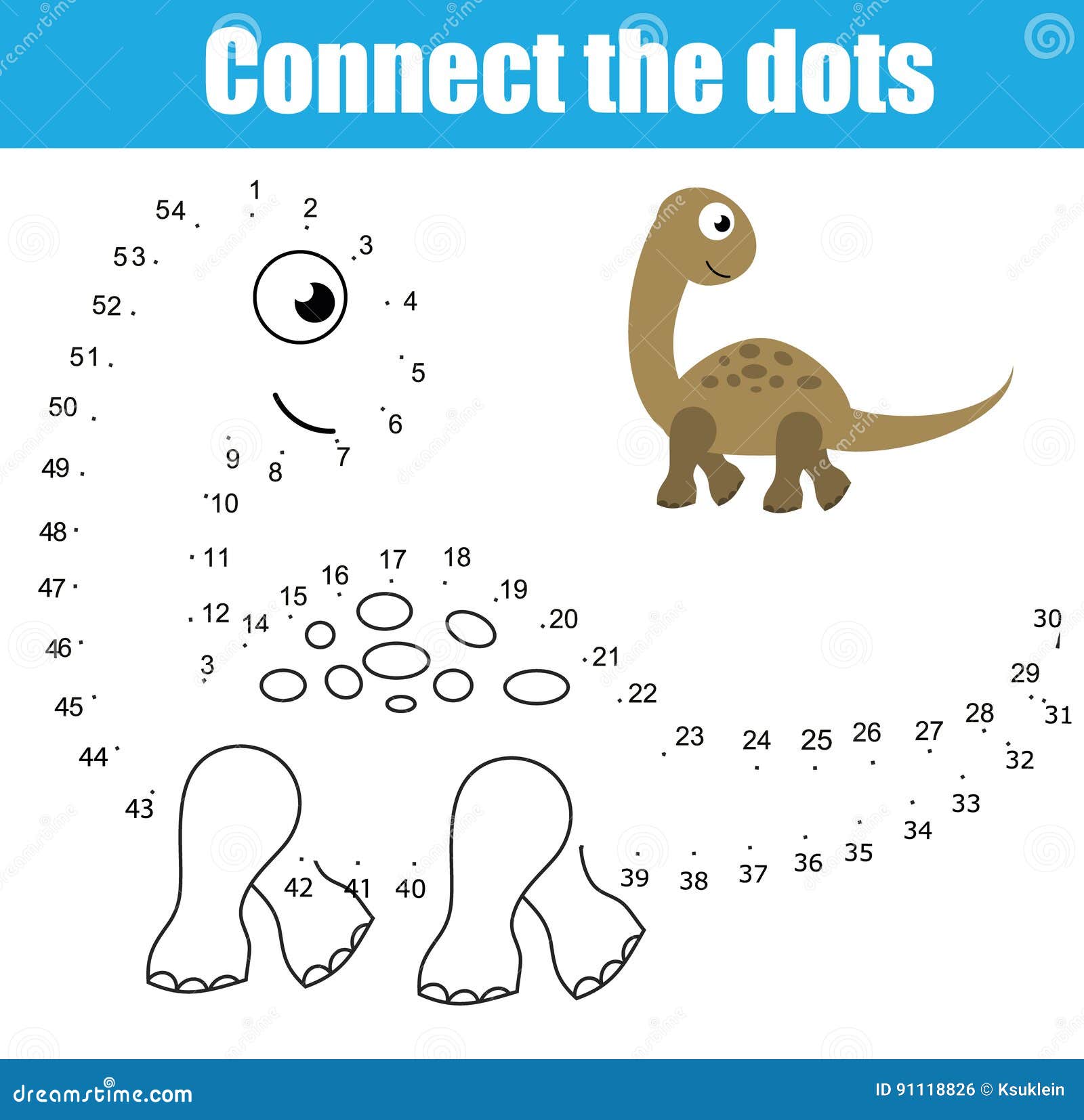 connect the dots by numbers children educational game. printable worksheet activity. animals theme, dinosaur