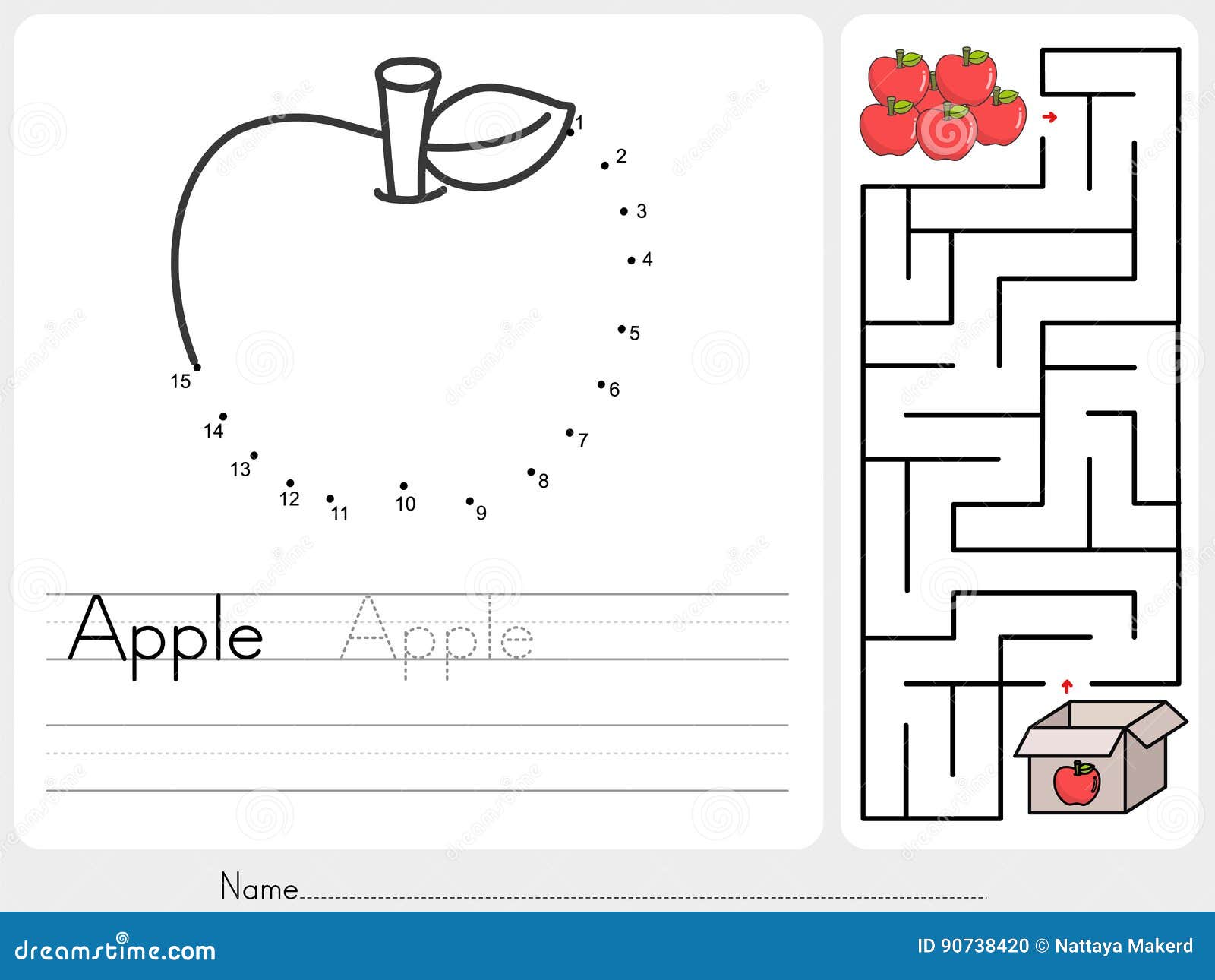 connect dots and pick apple box maze game - worksheet for education