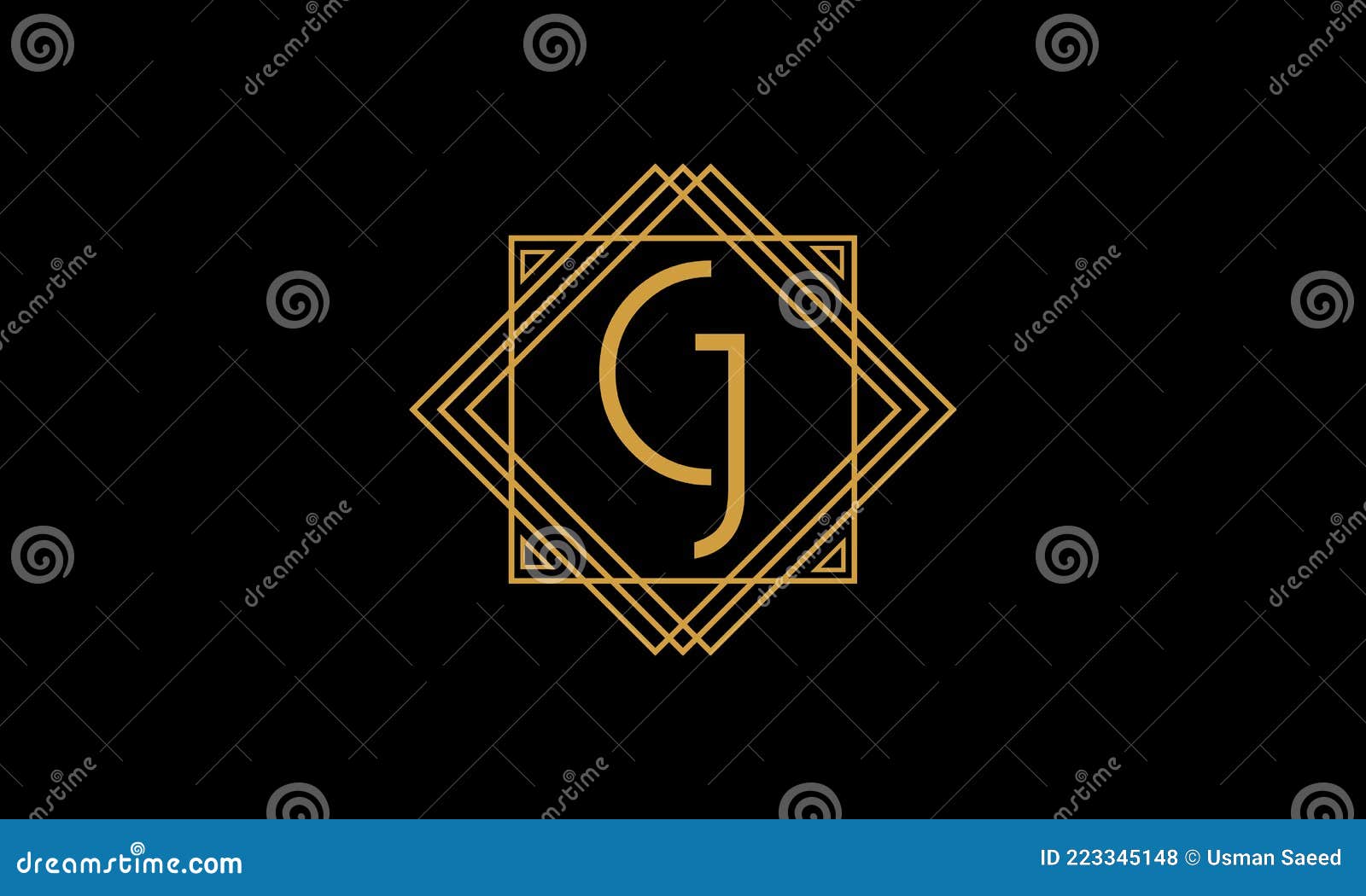 connected joint letters c and j art deco minimalstic logo in gold color  in black background with square frame
