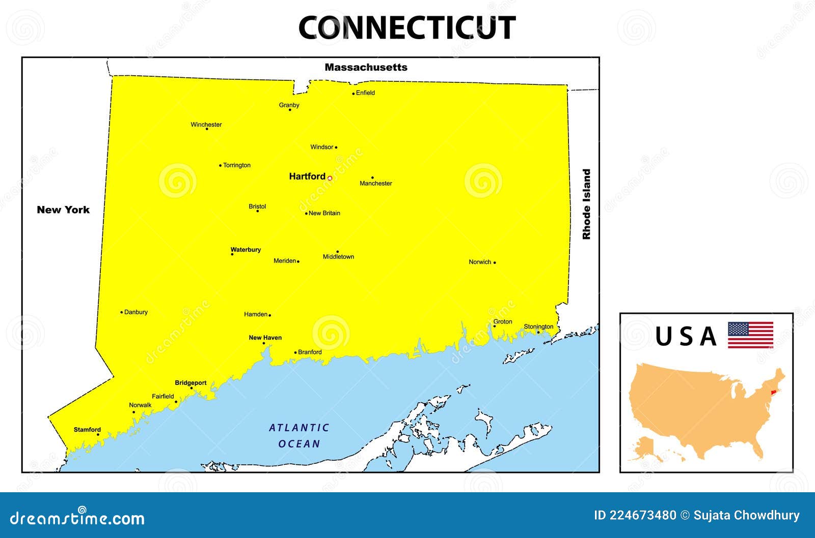 Connecticut Map. Political Map Of Connecticut In Outline. District Map With USA Vector