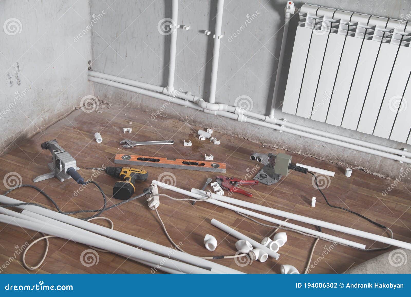Connecting Plastic Pipe. Installing Water Heating Radiator Stock Photo