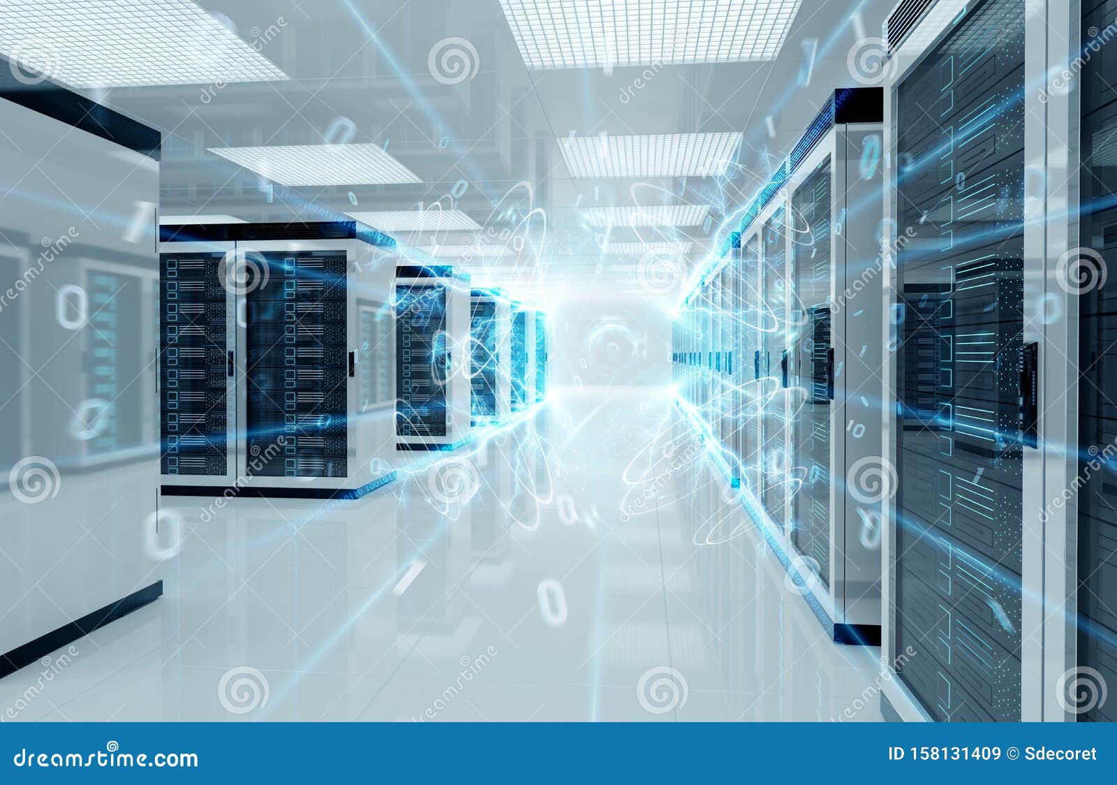 Connection Network in Servers Data Center Room Storage Systems 3D Rendering Stock Illustration