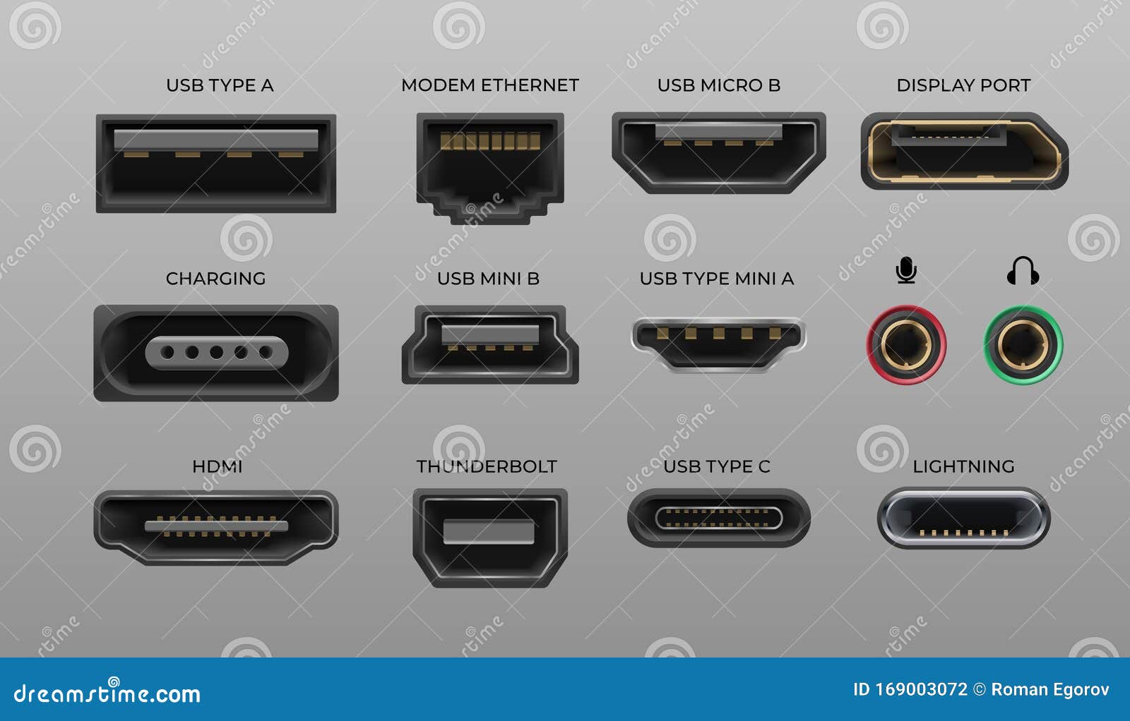connector and ports. usb type a and type c, video ports hand drawnmi dvi and displayport, audio coaxial, thunderbolt and