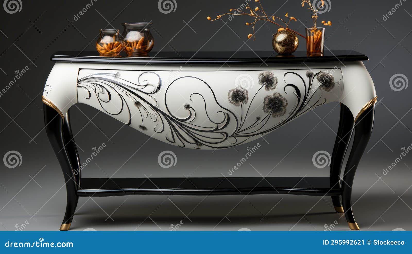 Elegant Black and White Console Table with Floral Surrealism Painting