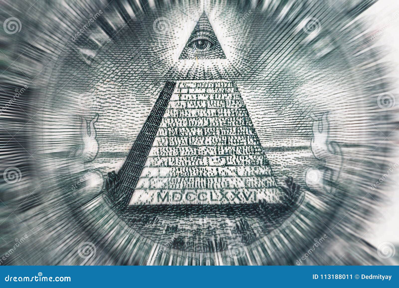 conspiracy theory concept. all seeing eye and pyramid on usa dollar banknote, macro photo