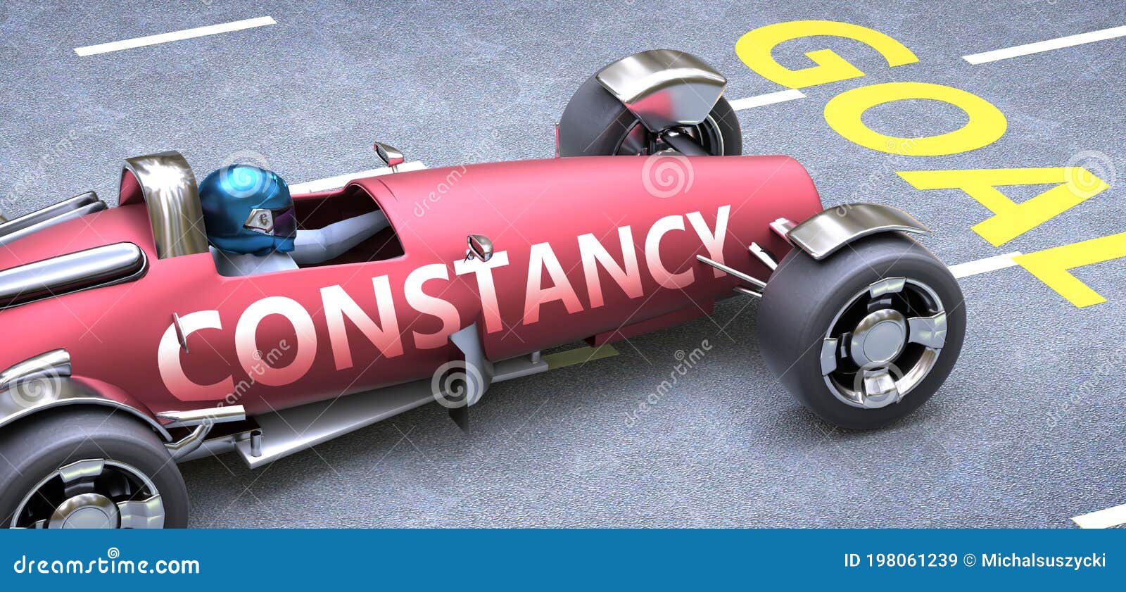 constancy helps reaching goals, pictured as a race car with a phrase constancy on a track as a metaphor of constancy playing vital