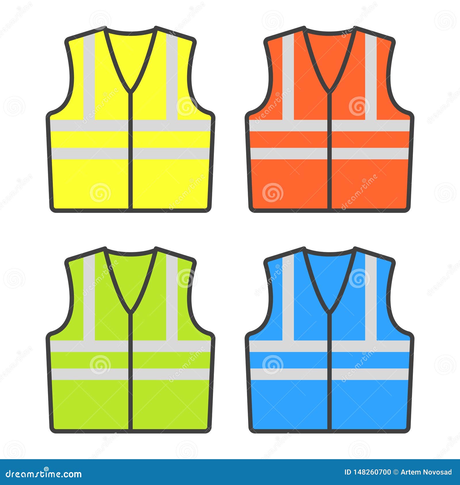 Construction Alarm Vests of Different Colors. Set of Four Vests. Vector