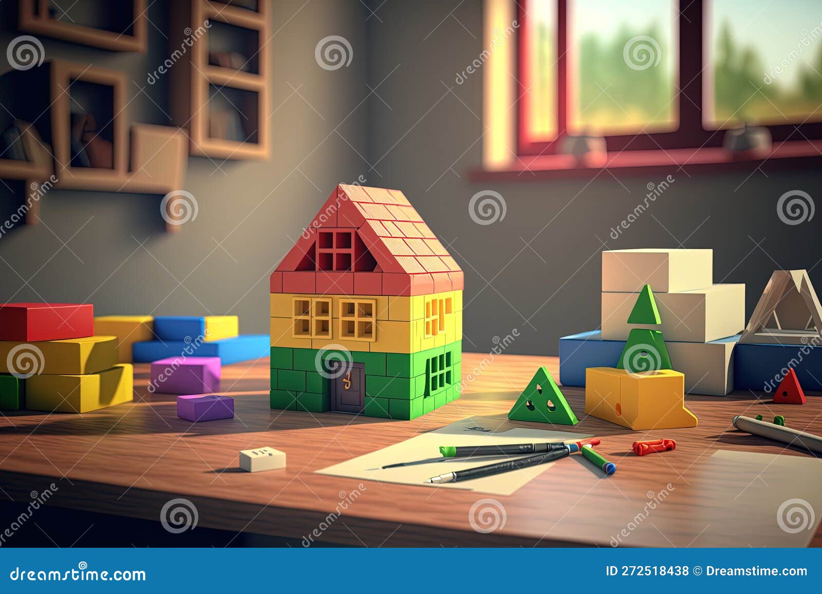 Construction Blocks and House on Desk in Classroom Stock Illustration