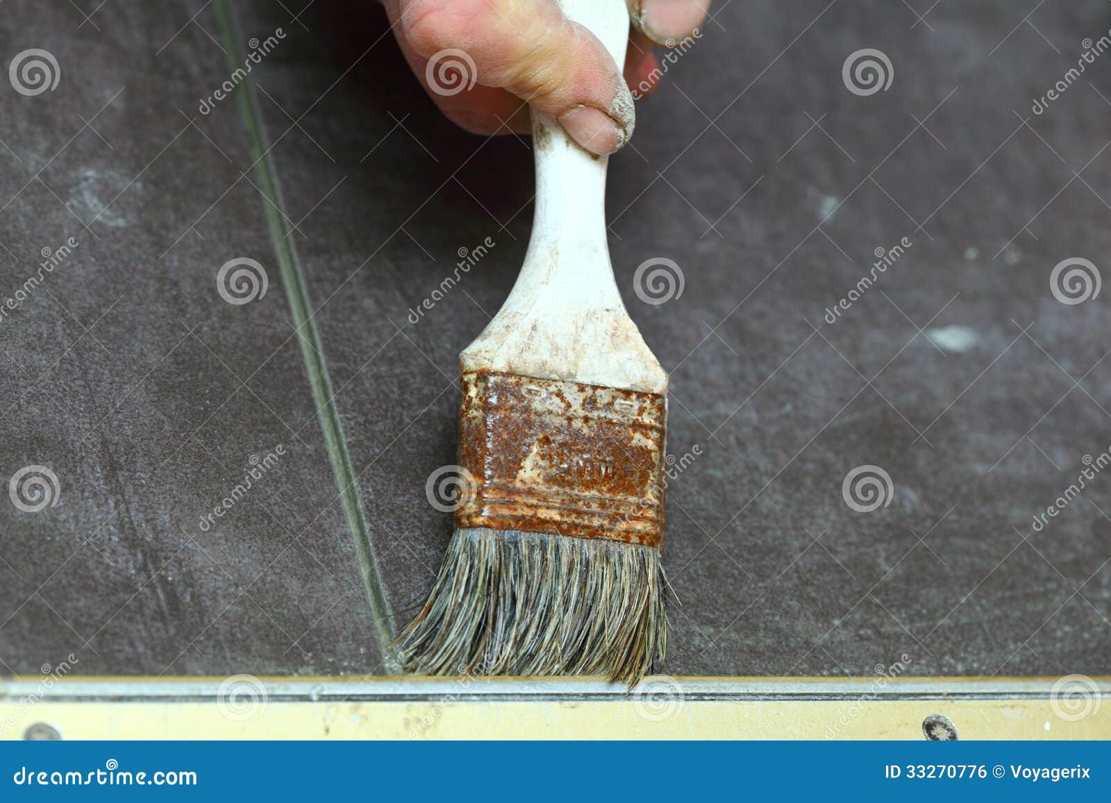 Construction Brush Worker is Tiling at Home Tile Floor Adhesive Stock Photo Image of work