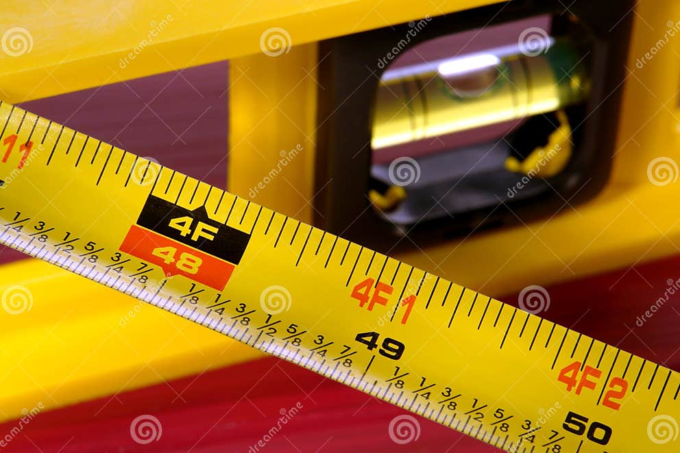 Construction Bubble Spirit Level and Tape Measure Stock Photo Image