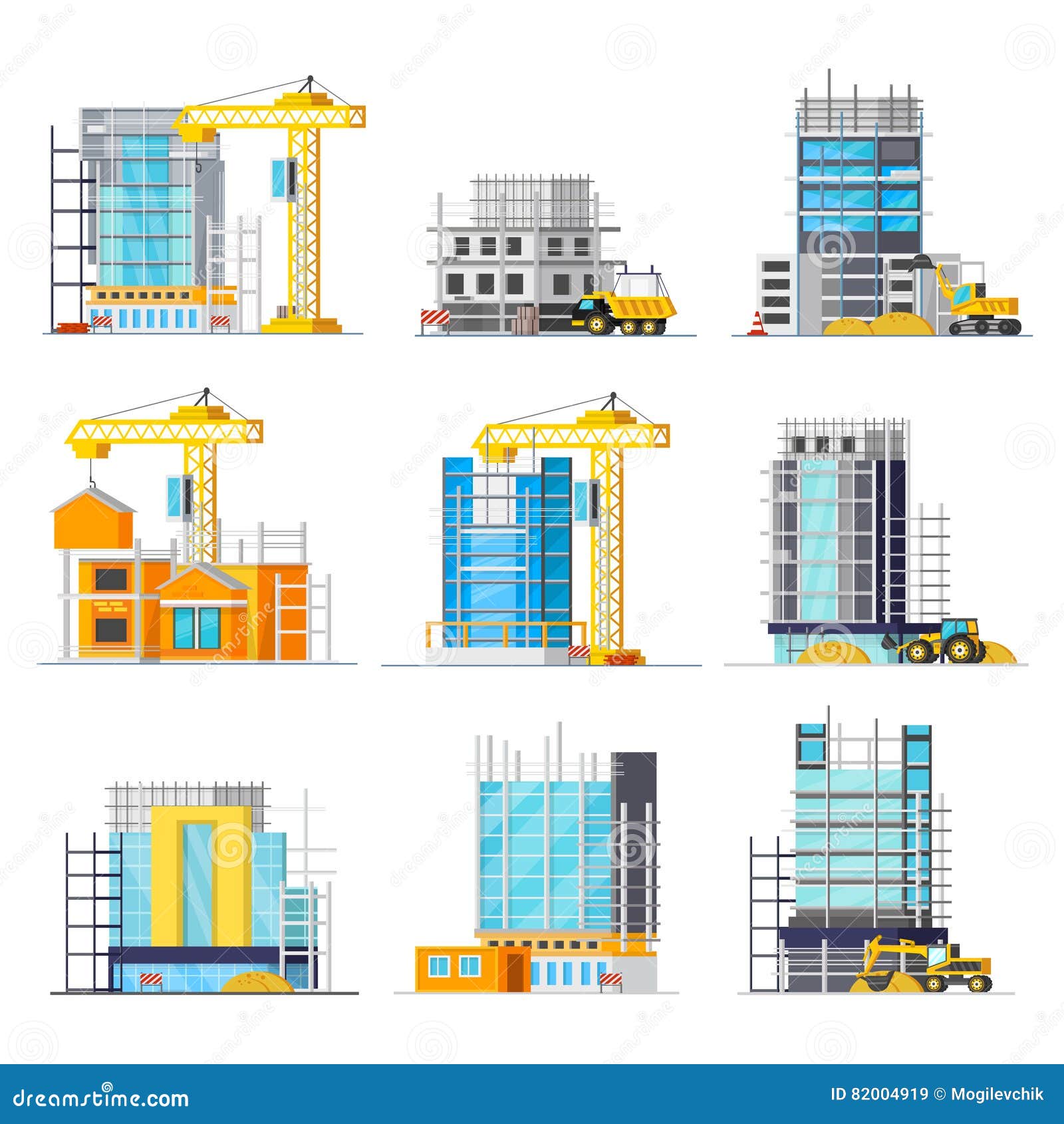 construction of buildings orthogonal icons set