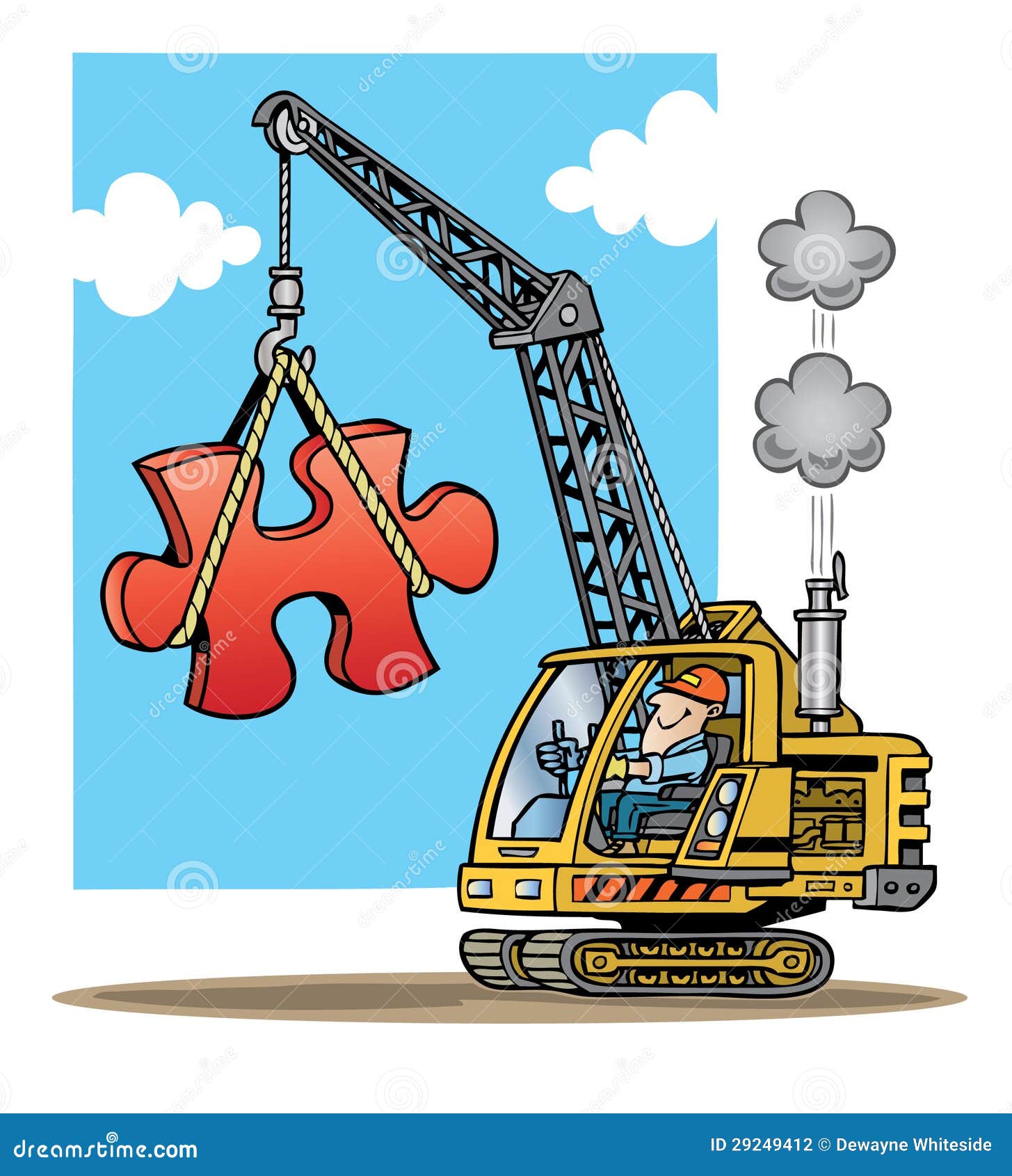 construction crane lifting a large red puzzle piec