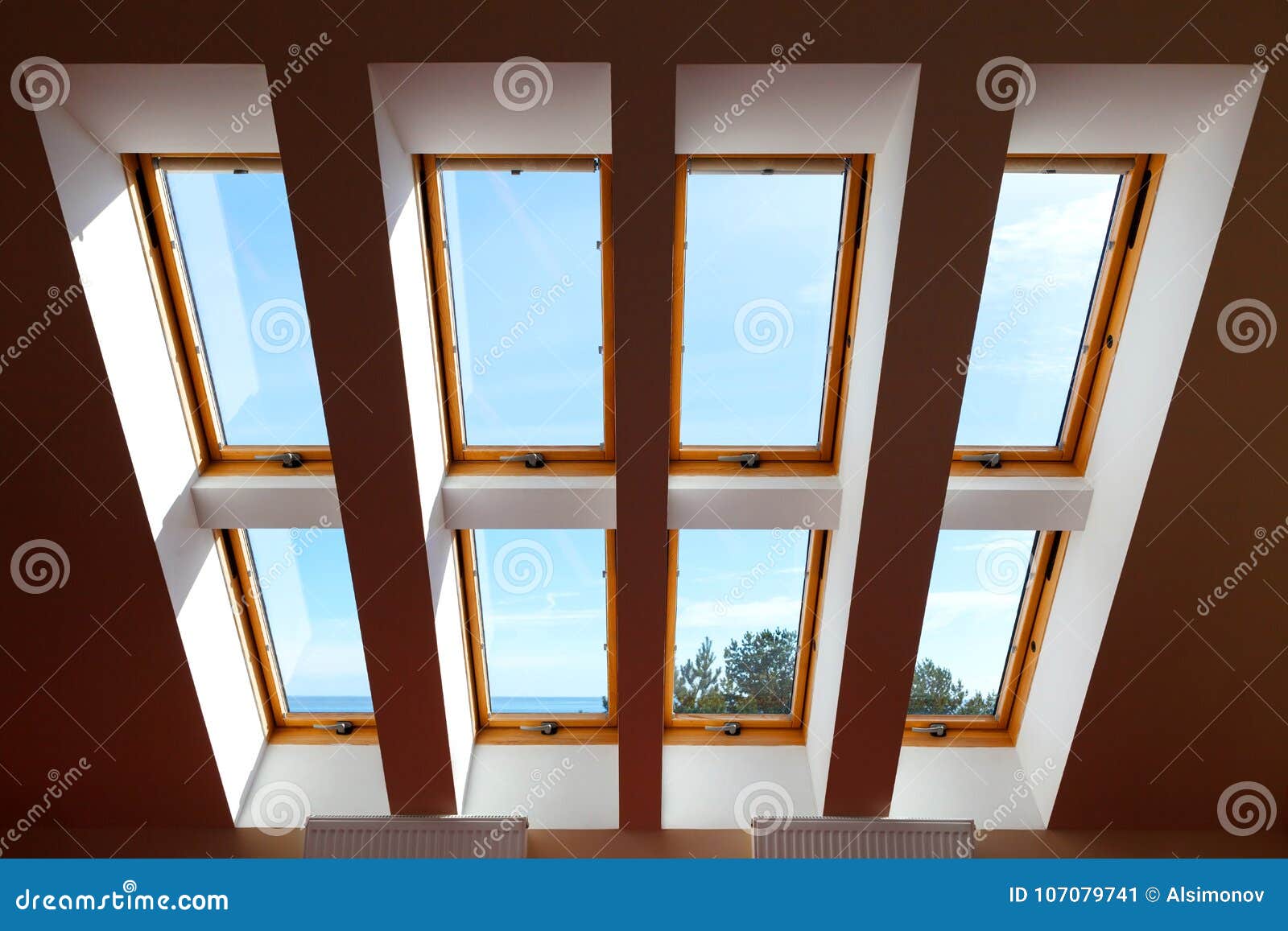Construction of Eight Attic Windows. Large, Luxury Skylights Stock