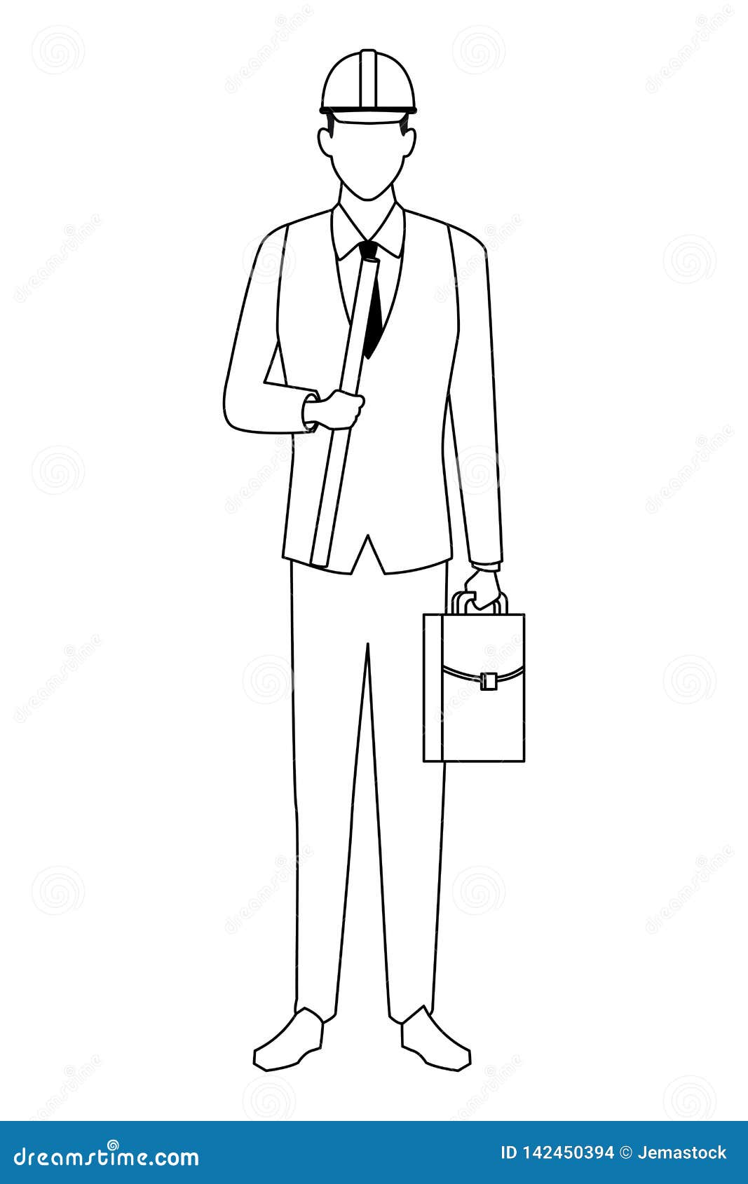 Construction Engineer with Plans and Briefcase in Black and White Stock