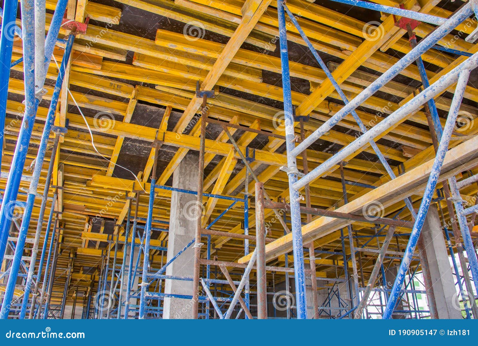 construction site work. concrete formwork and floor bams. construction beam falsework for concrete