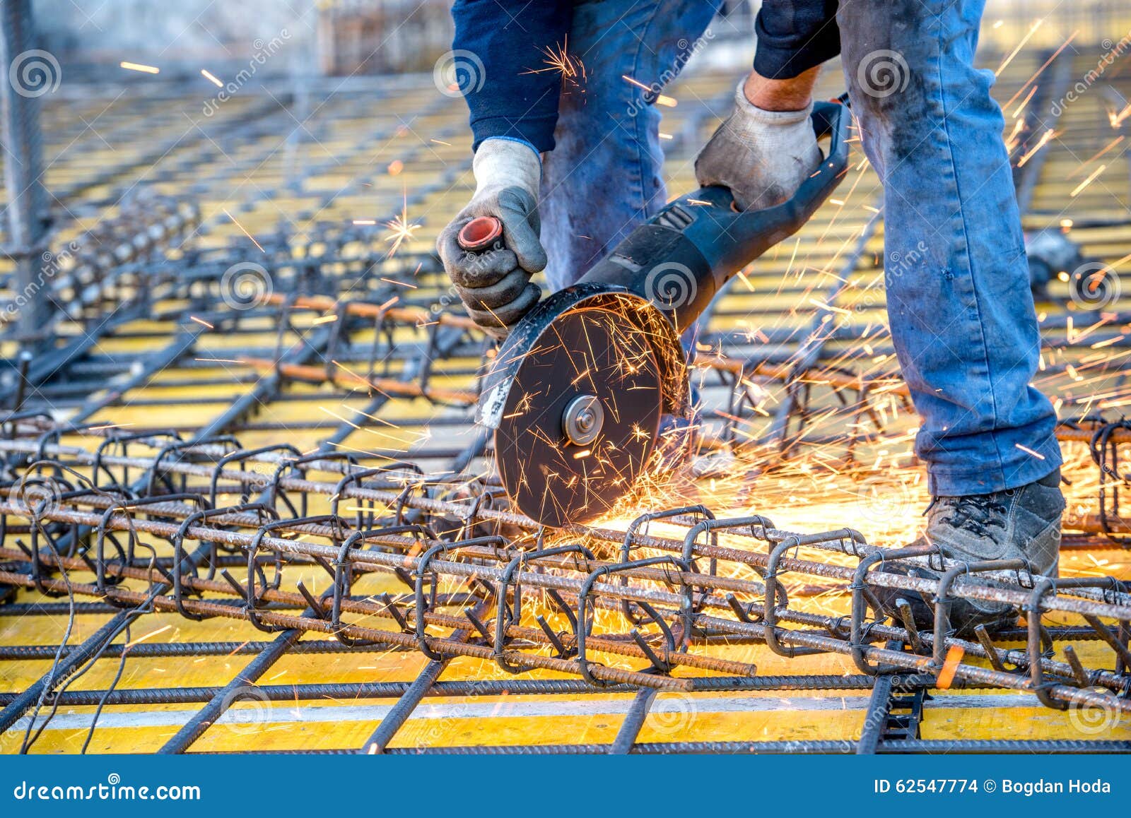 Construction Industry Details Worker Cutting Steel Bars Using Angle