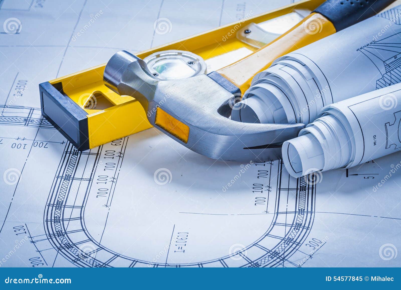 Construction Level Claw Hammer and Set of Stock Image Image of