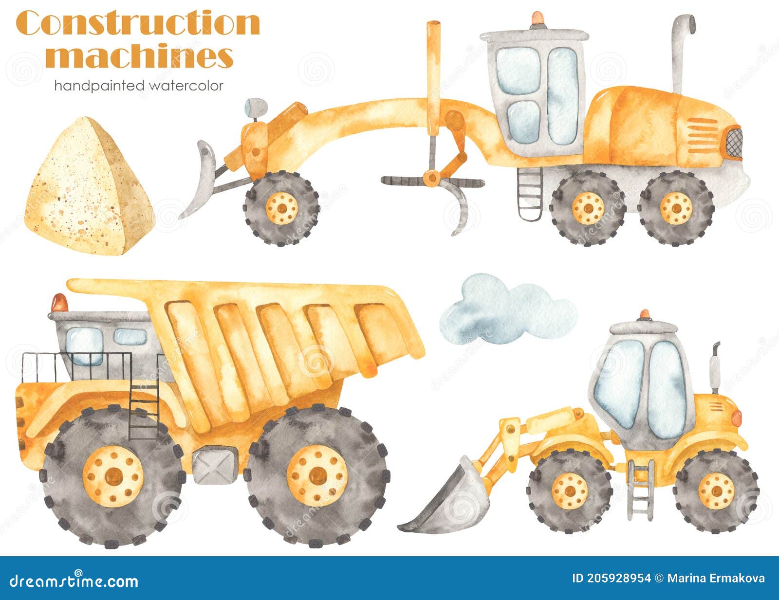 construction machines dump truck, motor grader, wheel loader, pile of earth, cloud. watercolor clipart