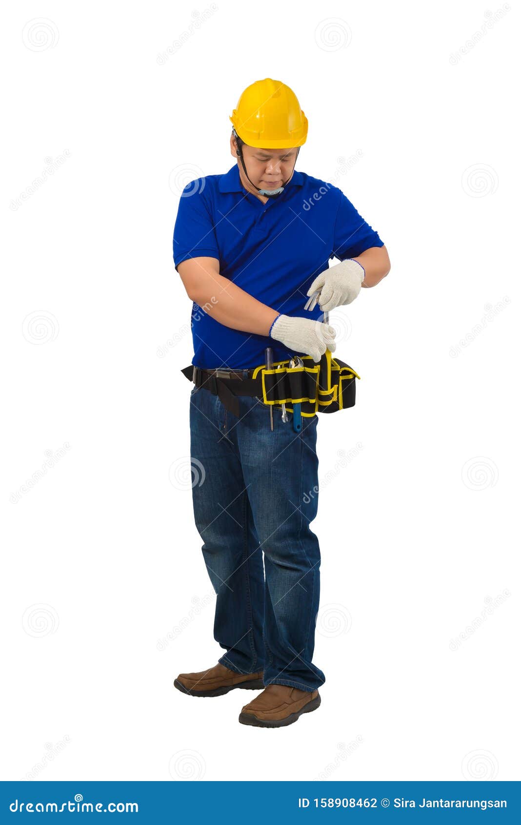 Construction Man Workers In Blue Shirt With Protective