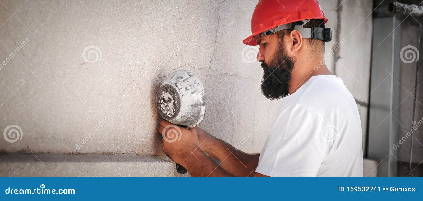 Construction Mason Worker Plastering Old Building Wall Using Cement