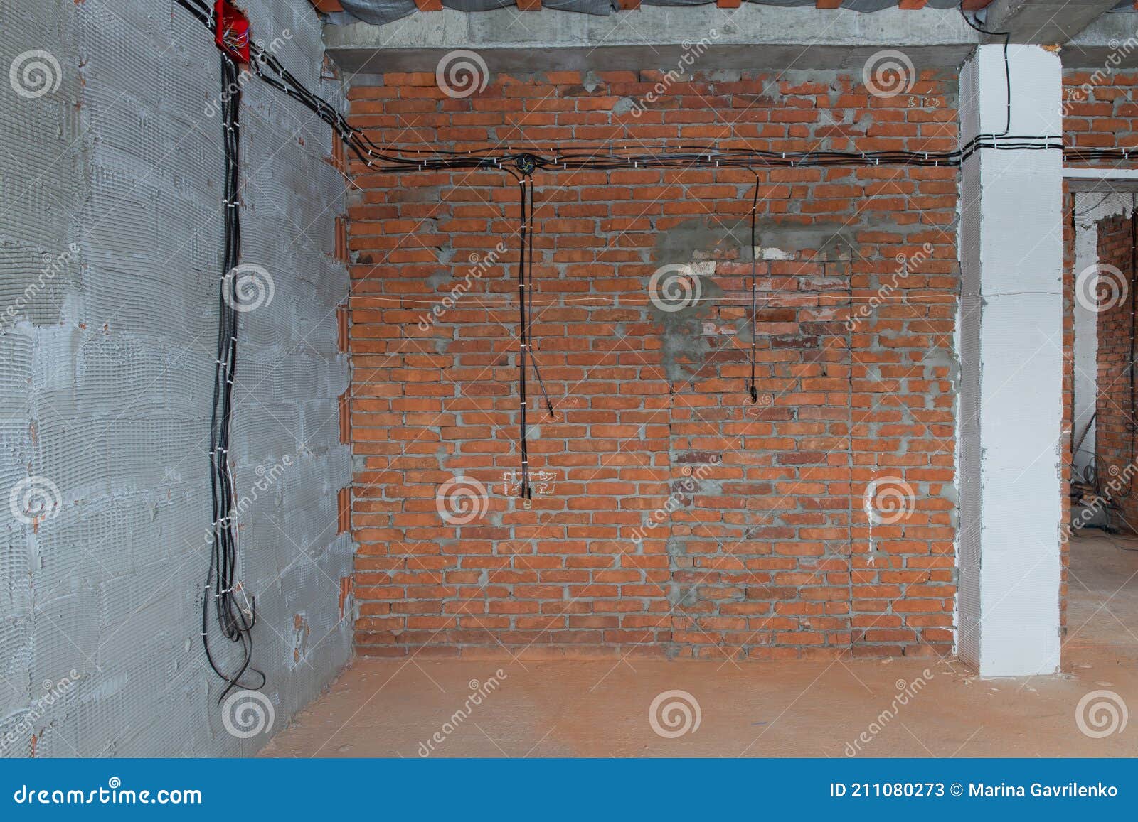 Construction of a New House, Electrical Cables Laid Out on the Brick Walls  According To the Scheme Inside the Room Stock Image - Image of supply,  interior: 211080273