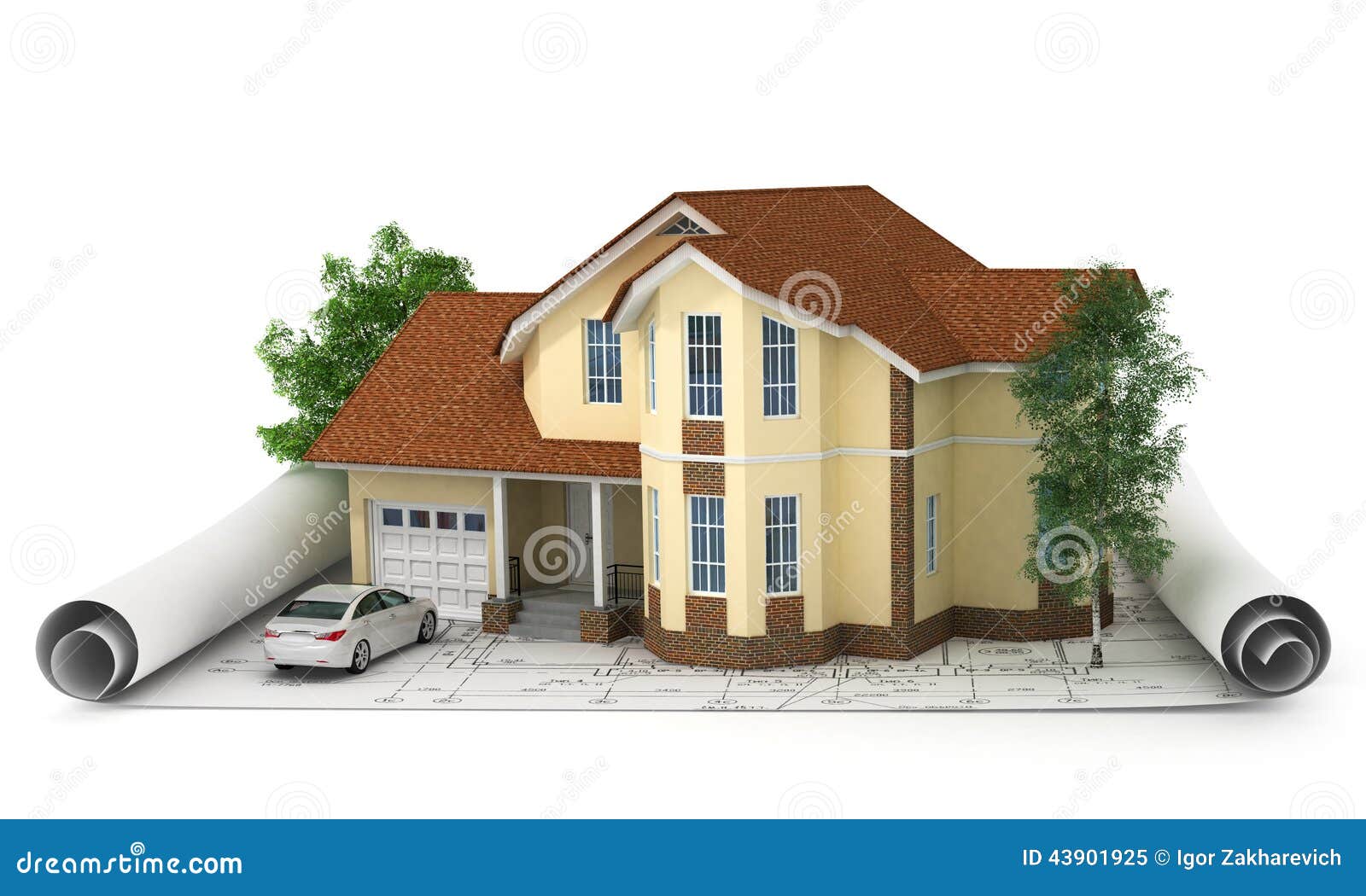  Construction  Plan  With House  And Wood 3d Stock Image 