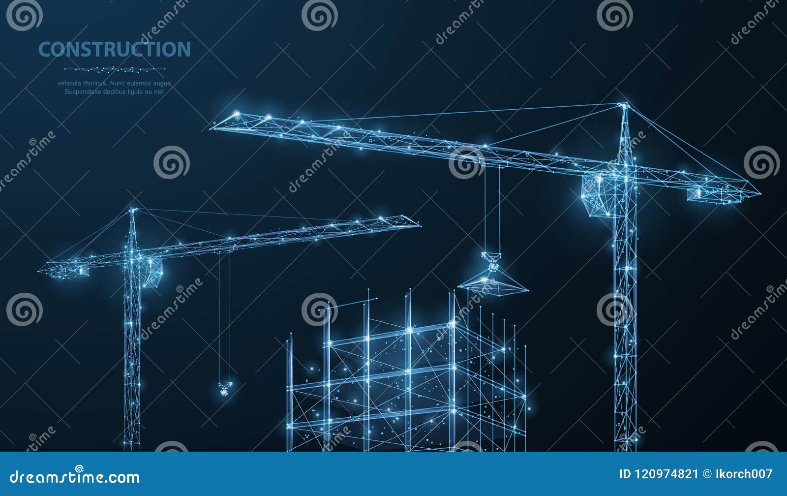 construction. polygonal wireframe building under crune on dark blue night sky with dots, stars.