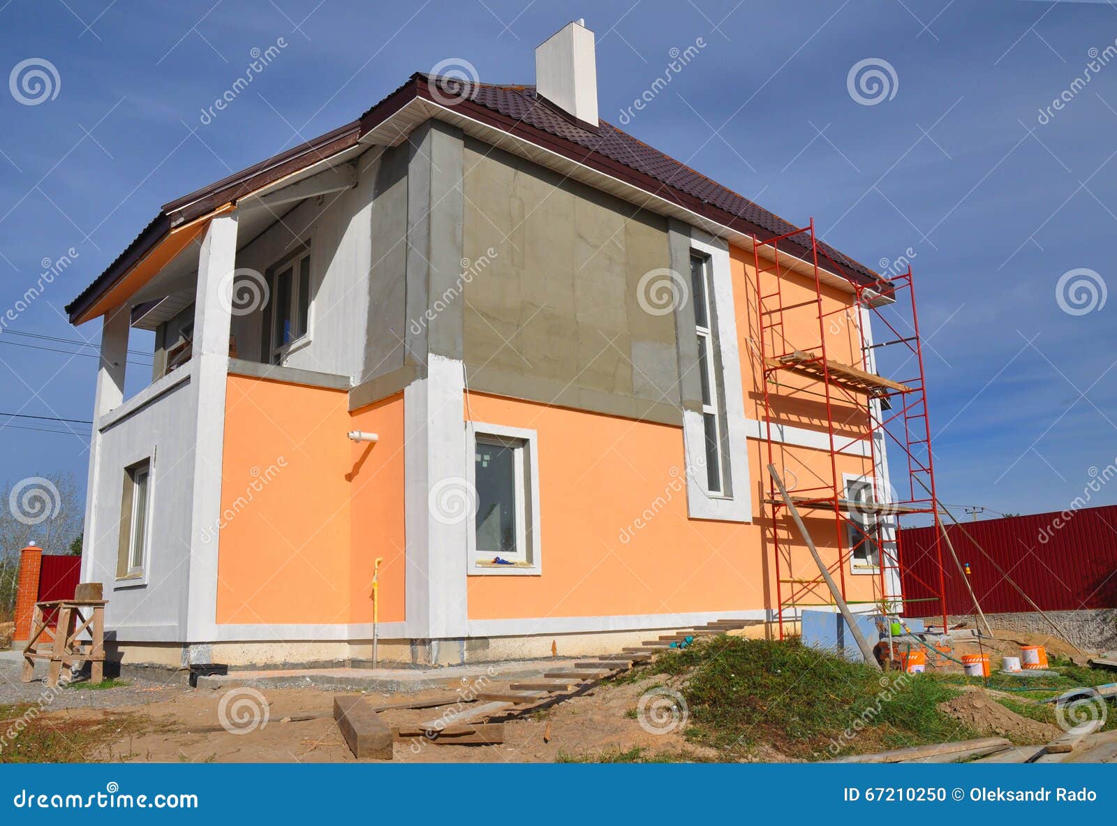 construction or repair of the rural house with balcon, eaves, windows, chimney, roofing, fixing facade, insulation and painting