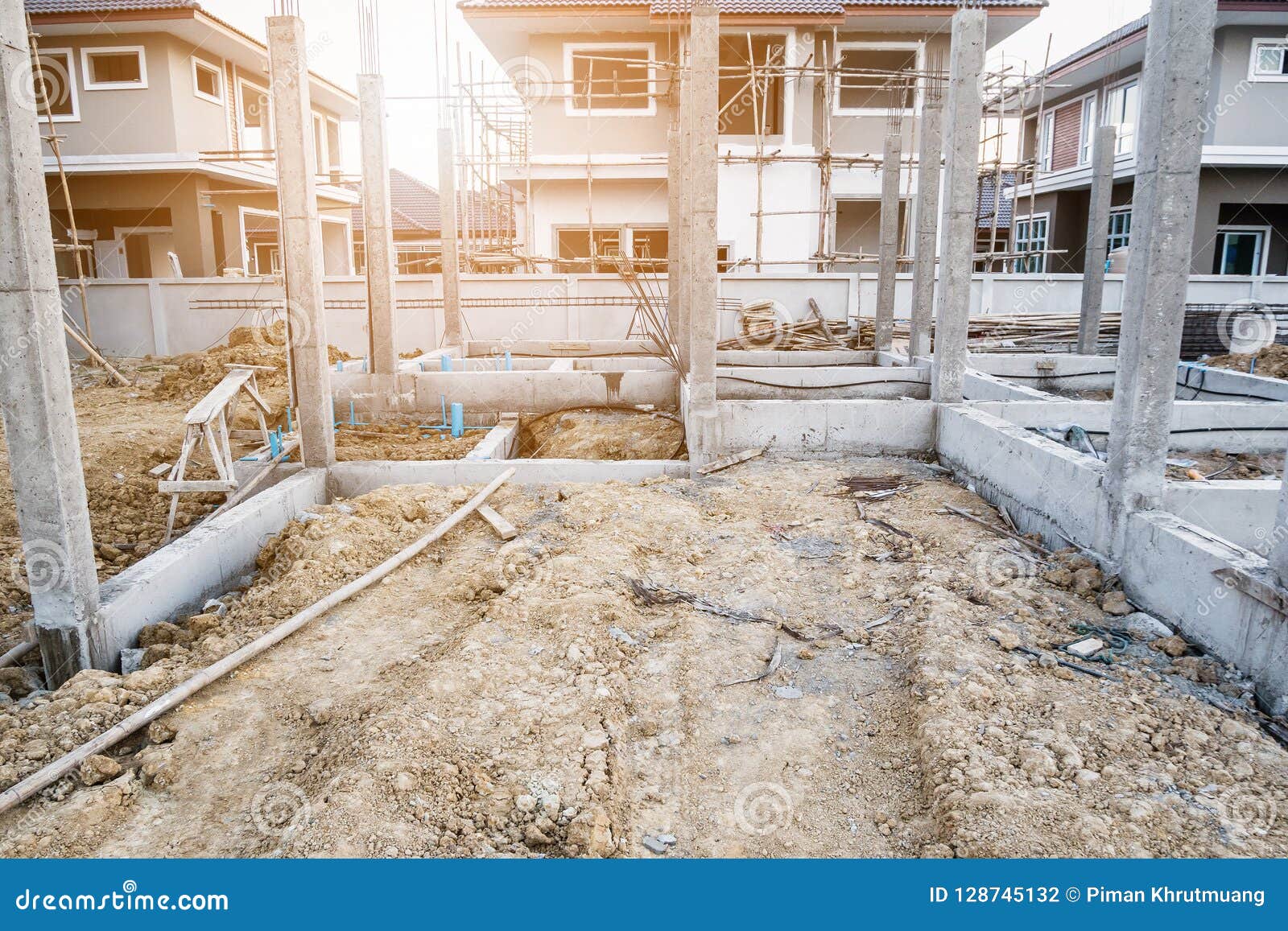 Construction Residential New House In Progress At Building Site Stock