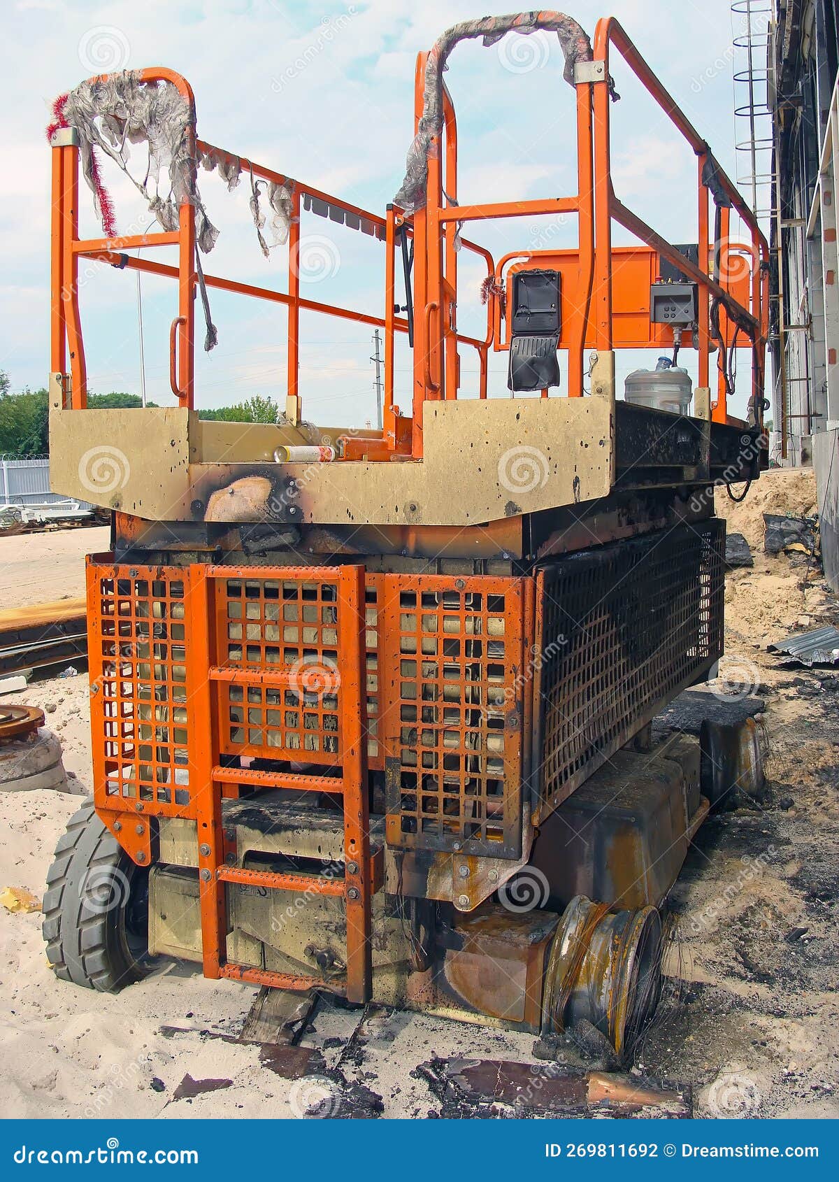 Construction Scissor Lift Burned by Fire, on Construction Site Stock Photo Image of tragedy