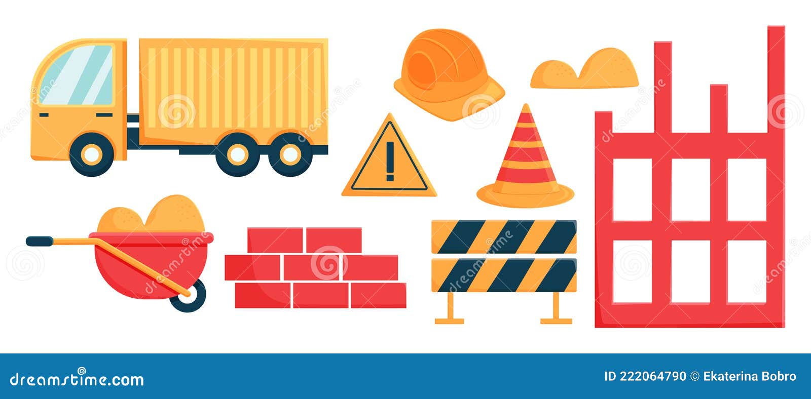 Construction Set in Flat Cartoon Style. Construction Cone and Lorry ...