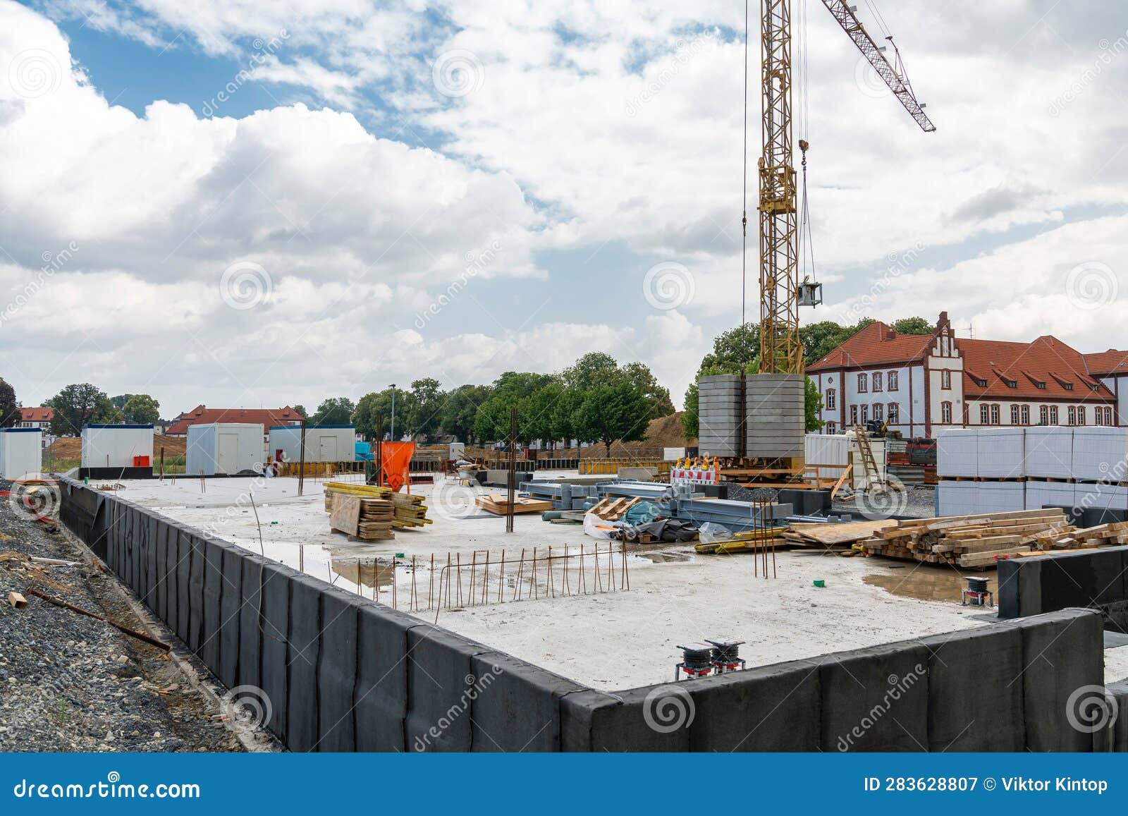 Construction Site with the Erected Foundation of the Building. Stock
