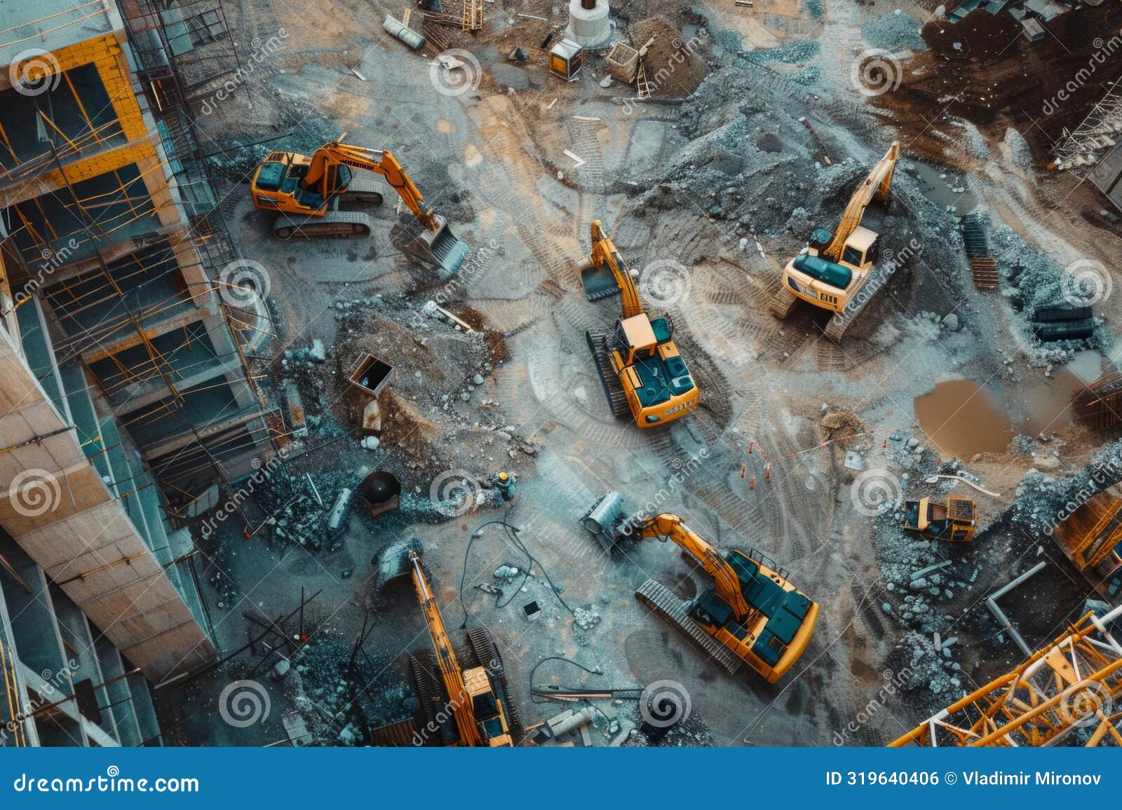 at a construction site, heavy machinery like excavators is actively working on the ongoing project