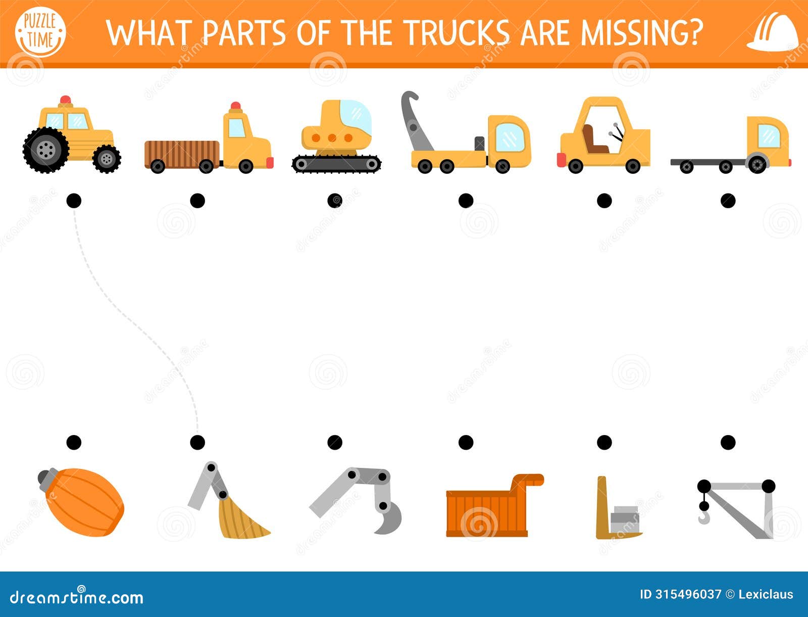 construction site matching activity with special technics and missing parts. building works puzzle. match the object game,