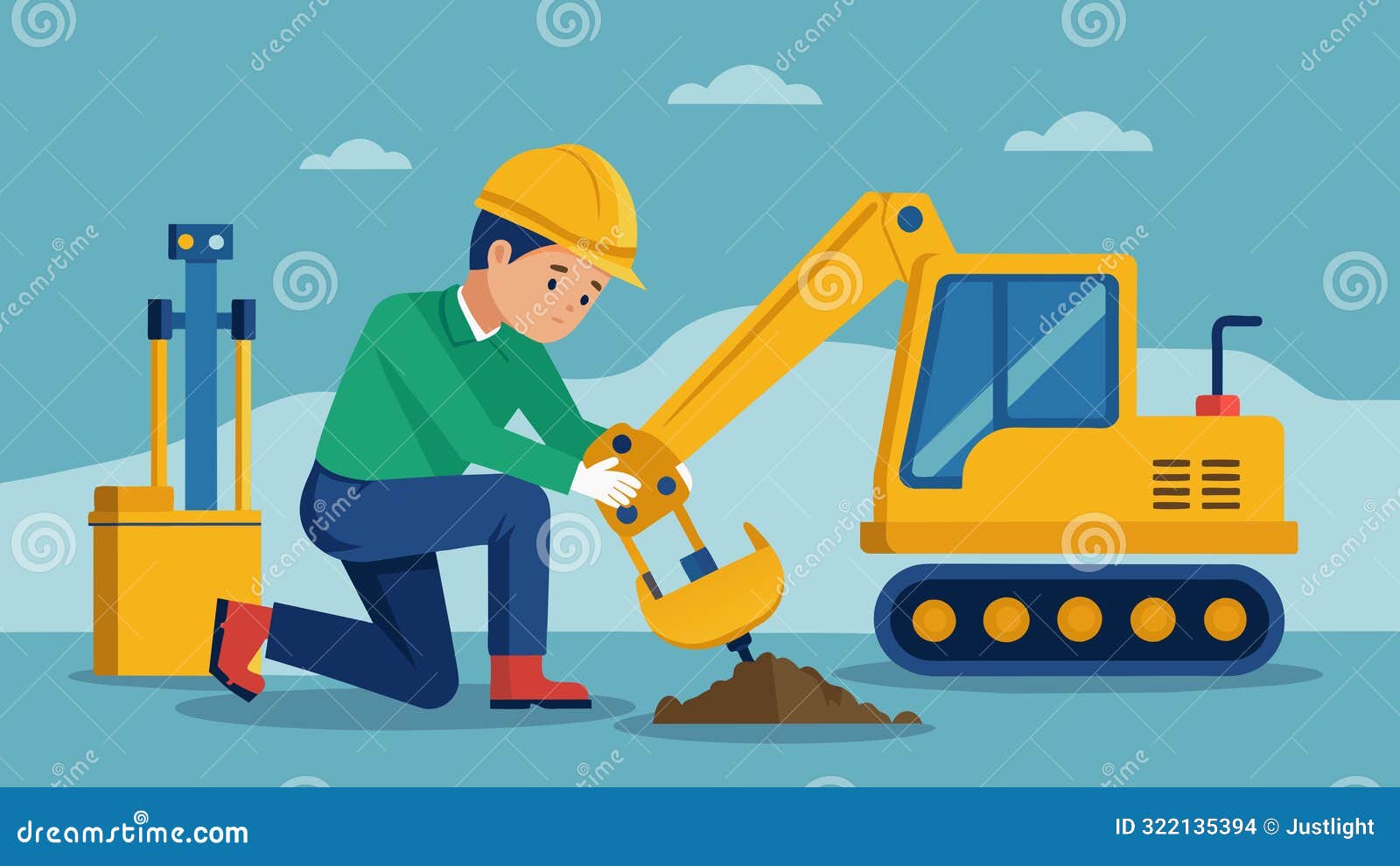 At a Construction Site a Mechanic is Inspecting the Hydraulic System of a  Backhoe and Making Necessary Repairs To Stock Vector - Illustration of  mechanic, development: 322135394, image size:1600x990